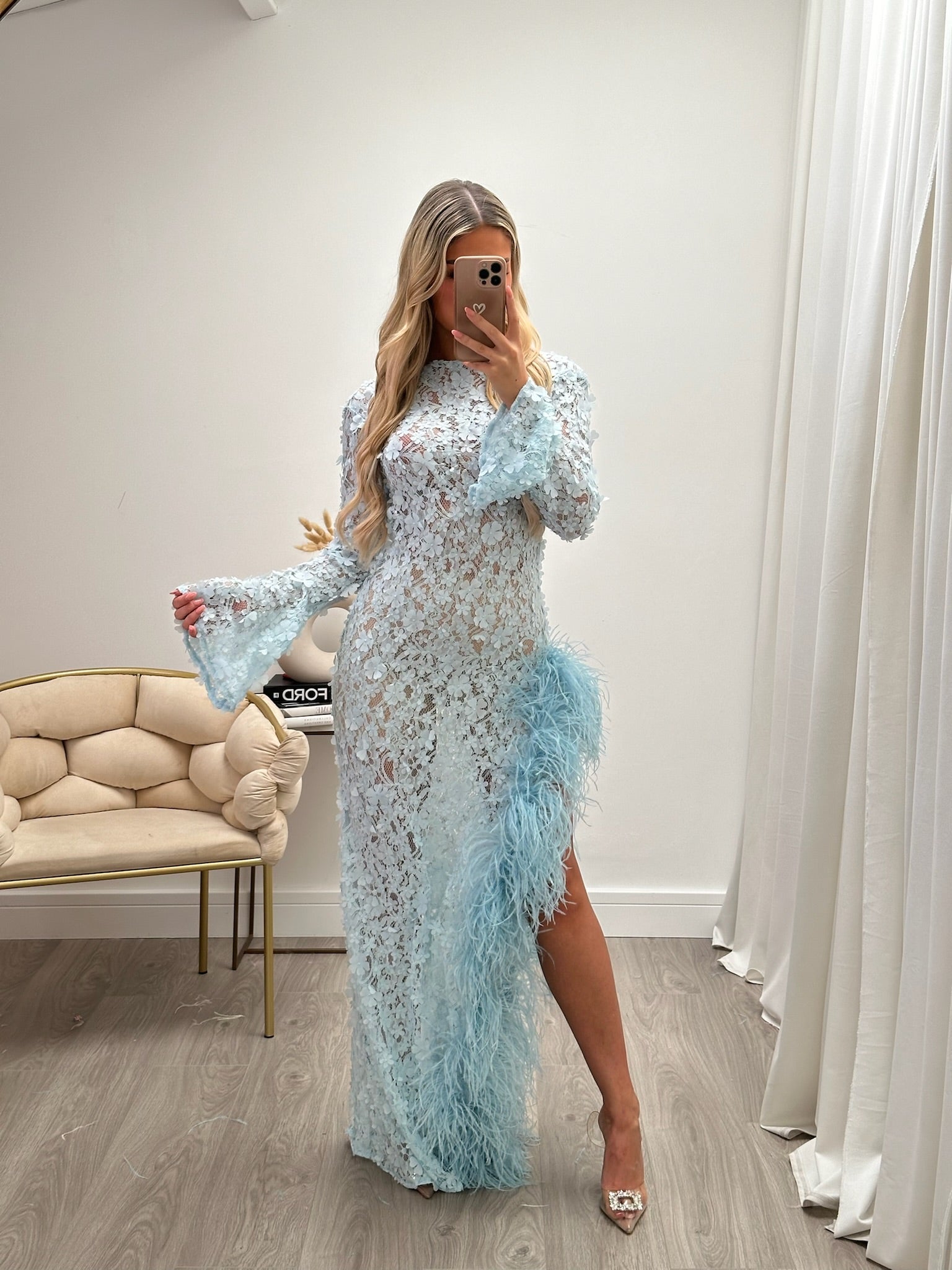 Claudia Ostrich Feather Dress Baby Blue