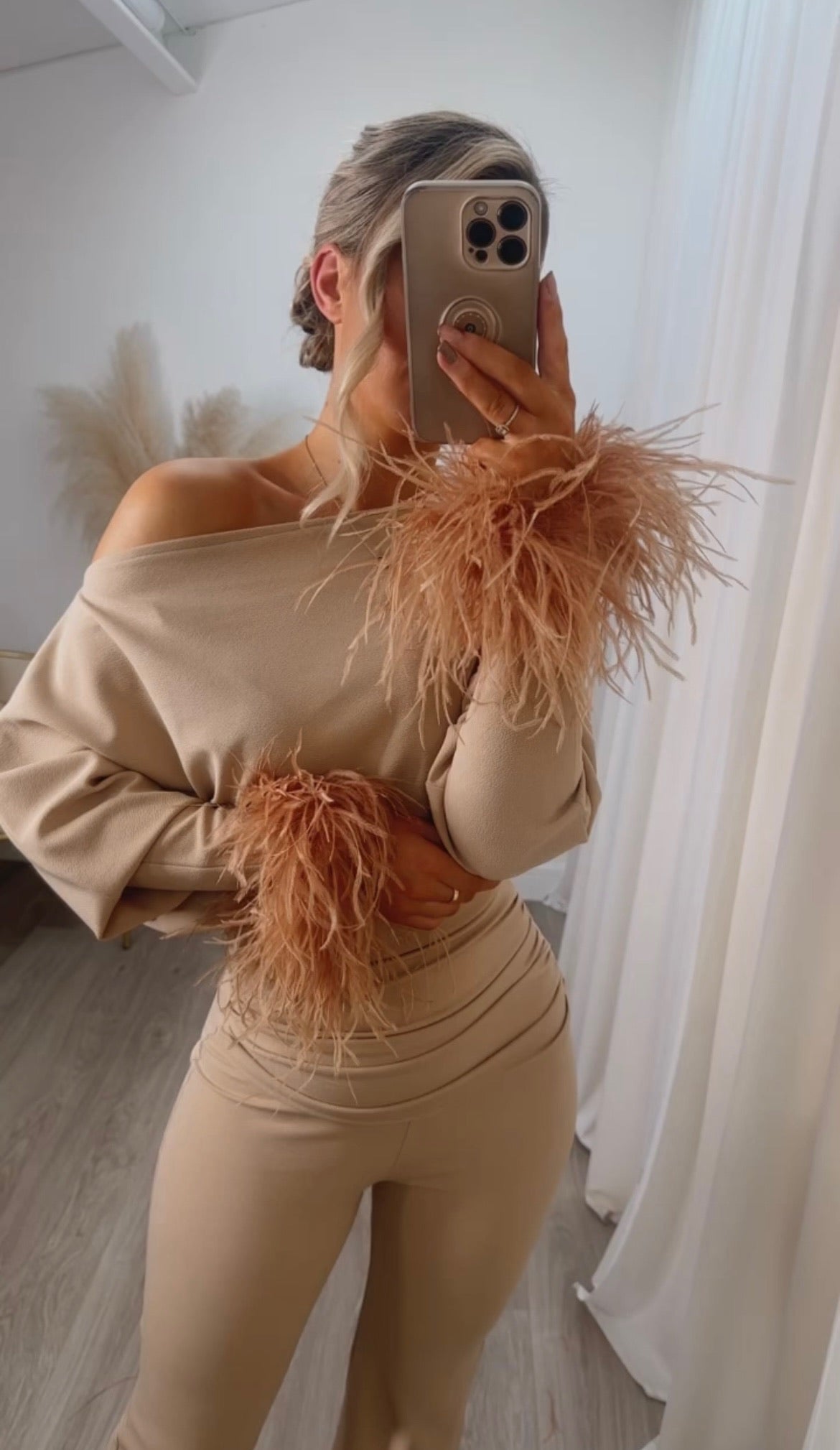 Arella Feather Jumpsuit Beige