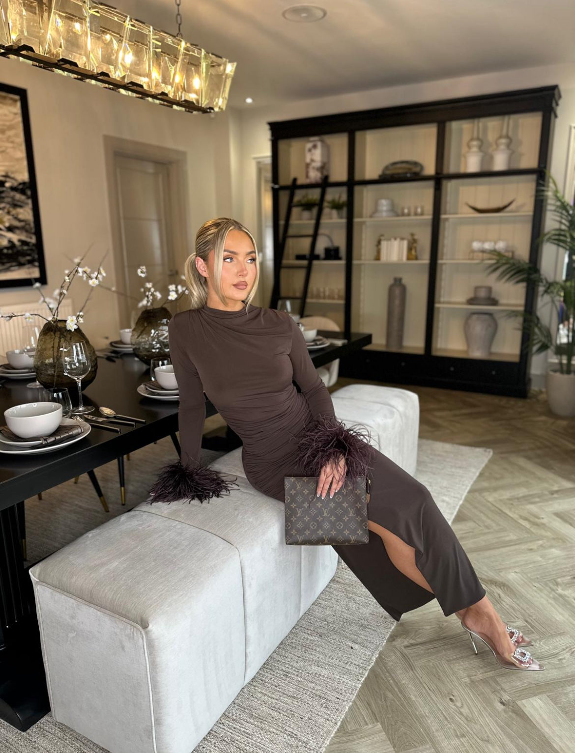 Kourtney Midi Ostrich Feather Dress Chocolate Brown