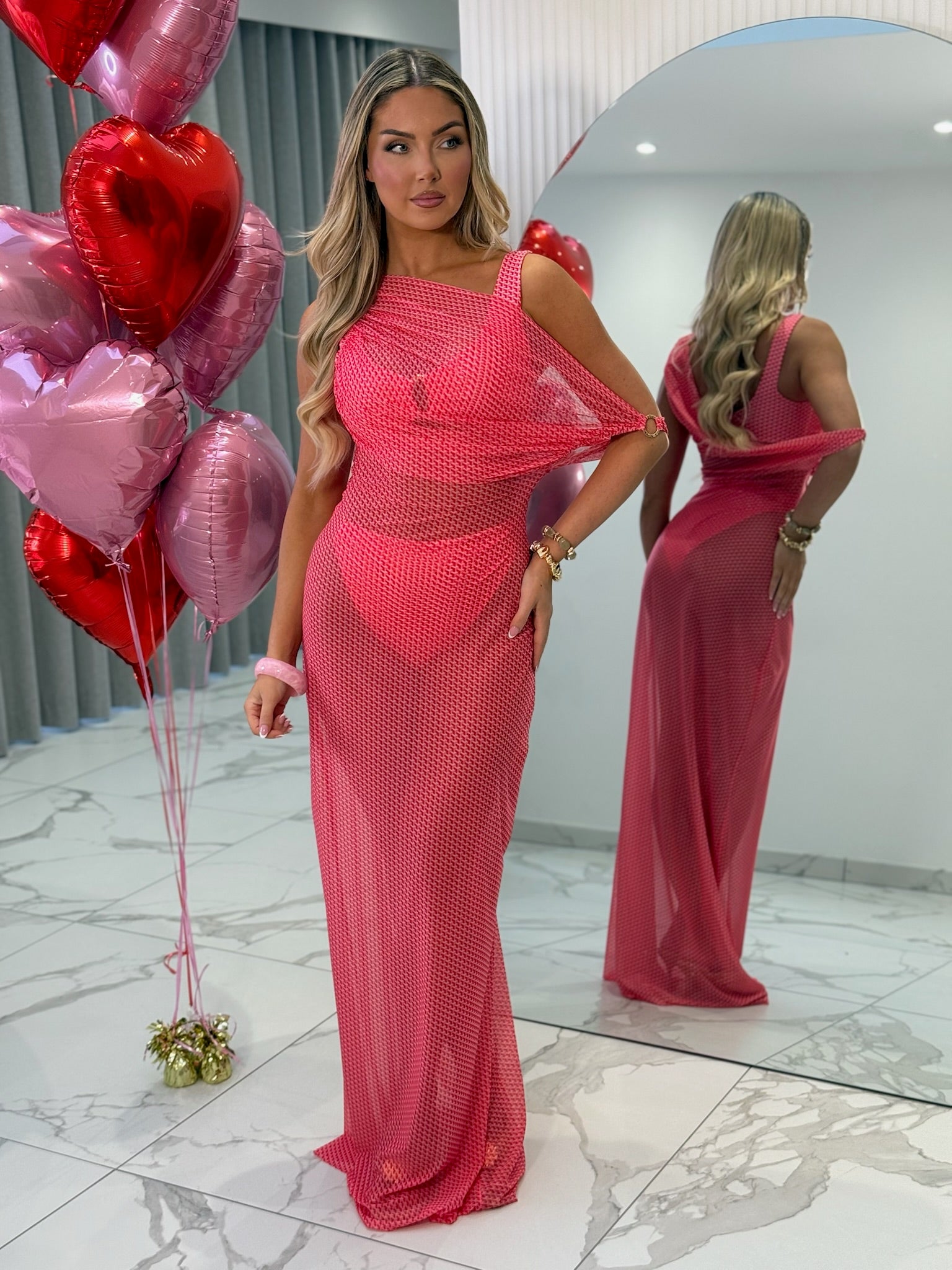 strapless open back dress Red Dress | Pink Floral Statement Ring