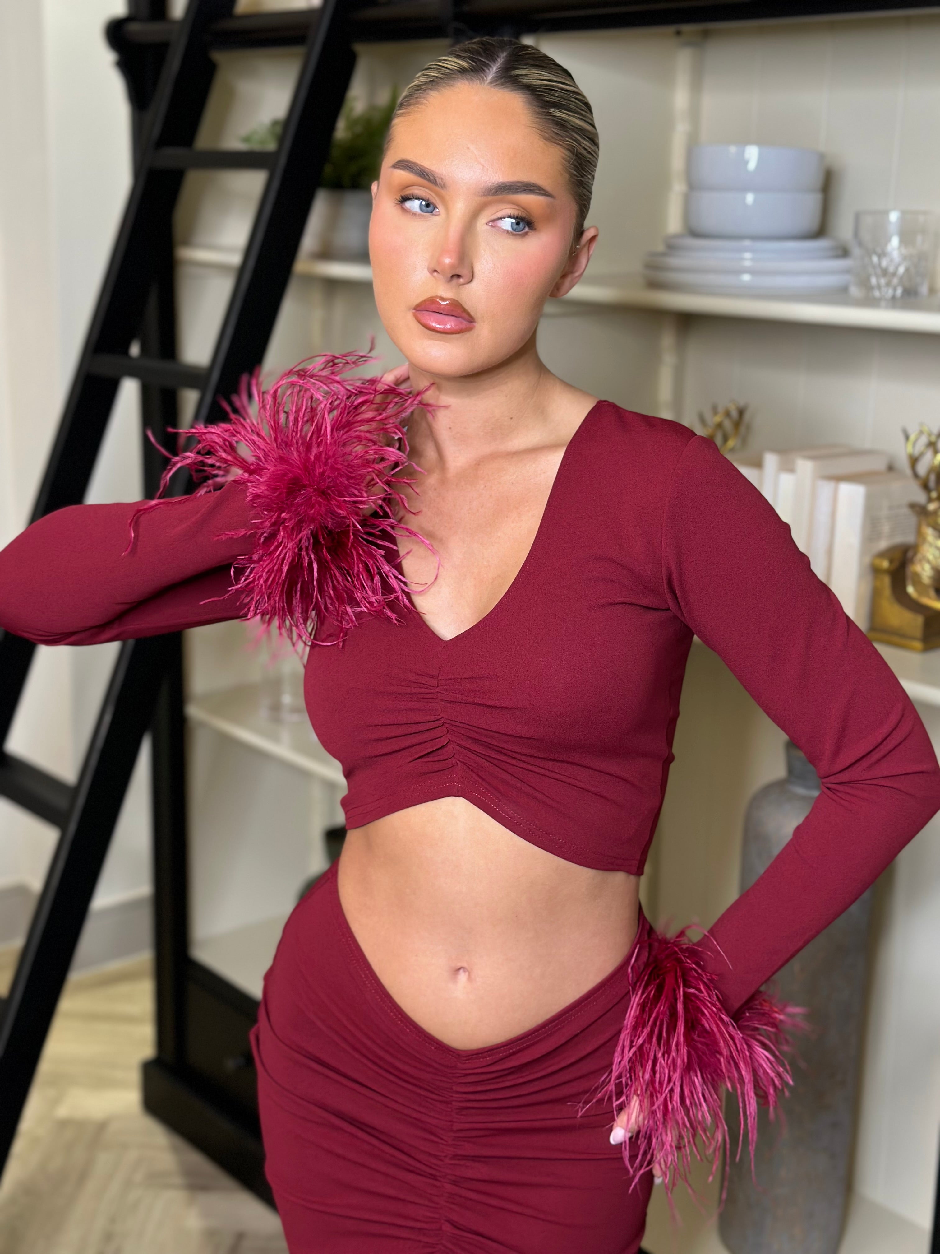 Kandy Ostrich Feather Cuff Two Piece Set Wine