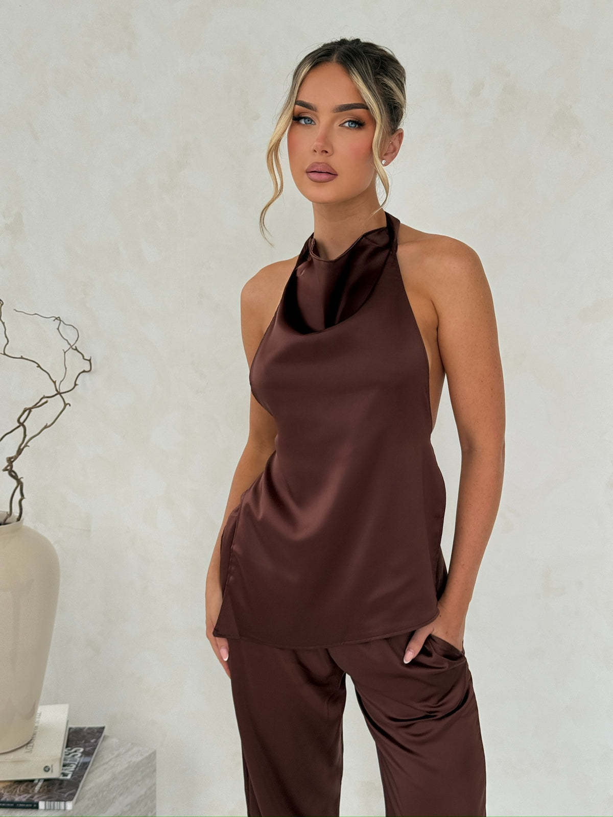 Chocolate Satin Halter Top & Trouser Set