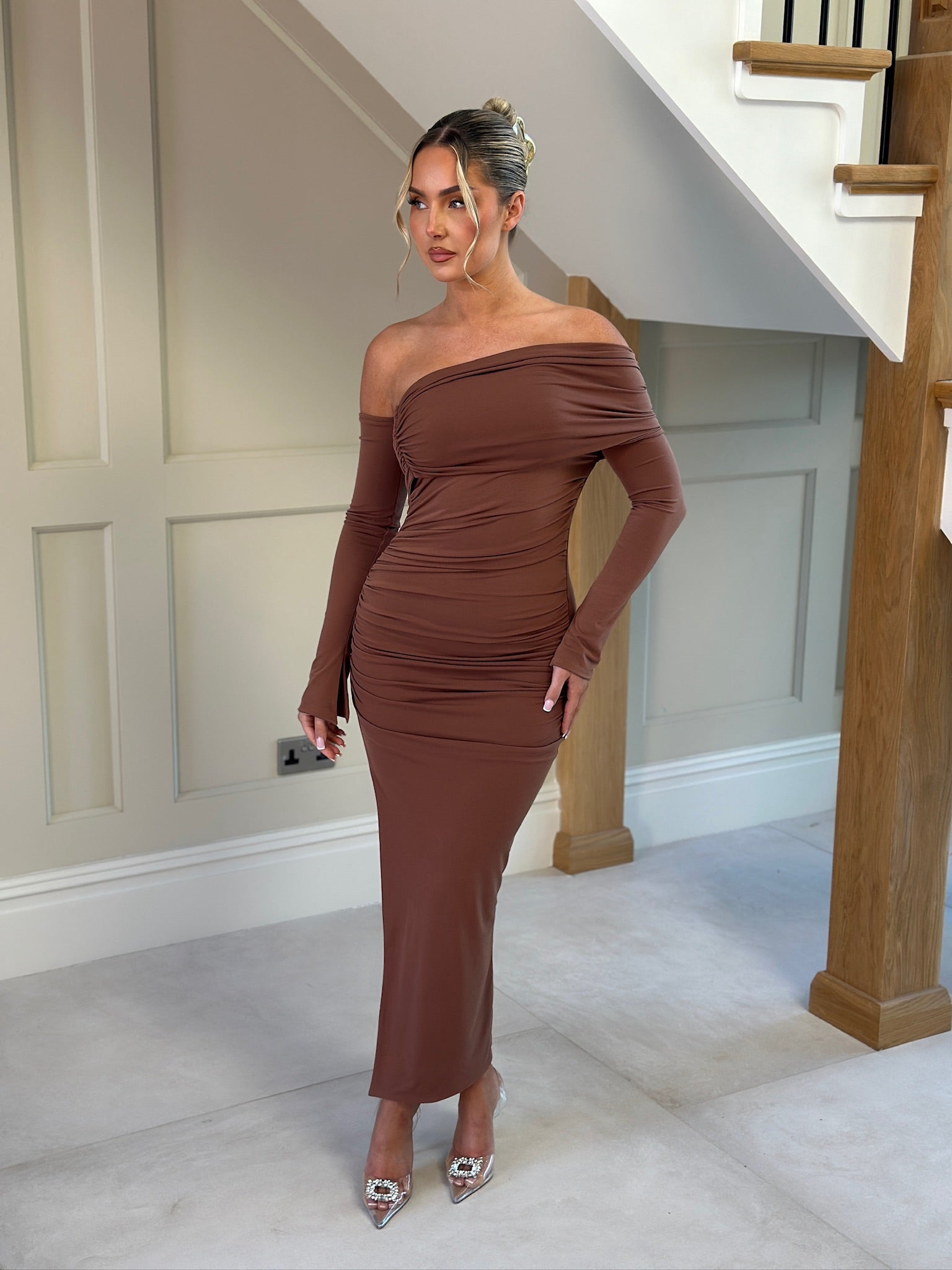 April Two Sleeve Midi Dress Almond Brown