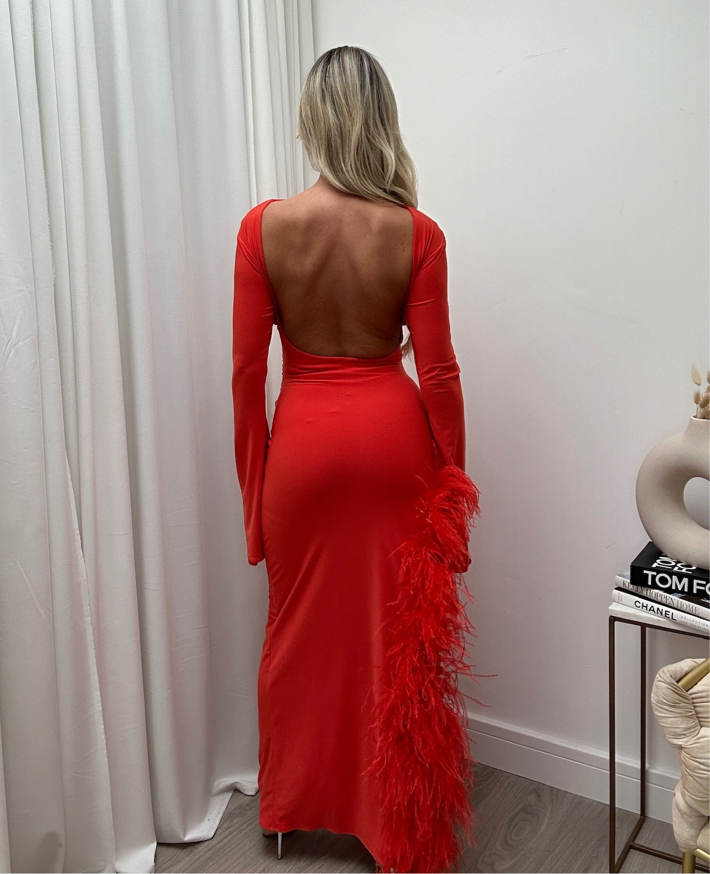 Claudia Ostrich Feather Maternity Dress Blood Orange