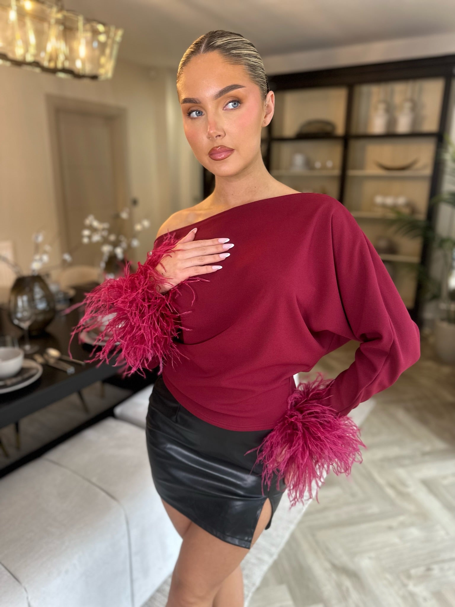 Arella ostrich feather Top Wine