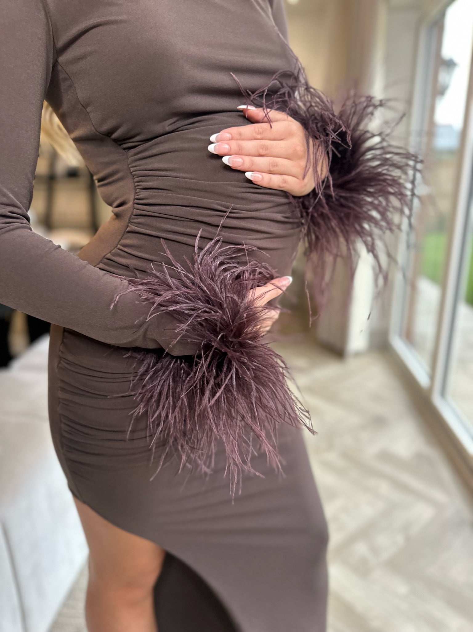 Kourtney Midi Ostrich Feather Maternity Dress Chocolate Brown