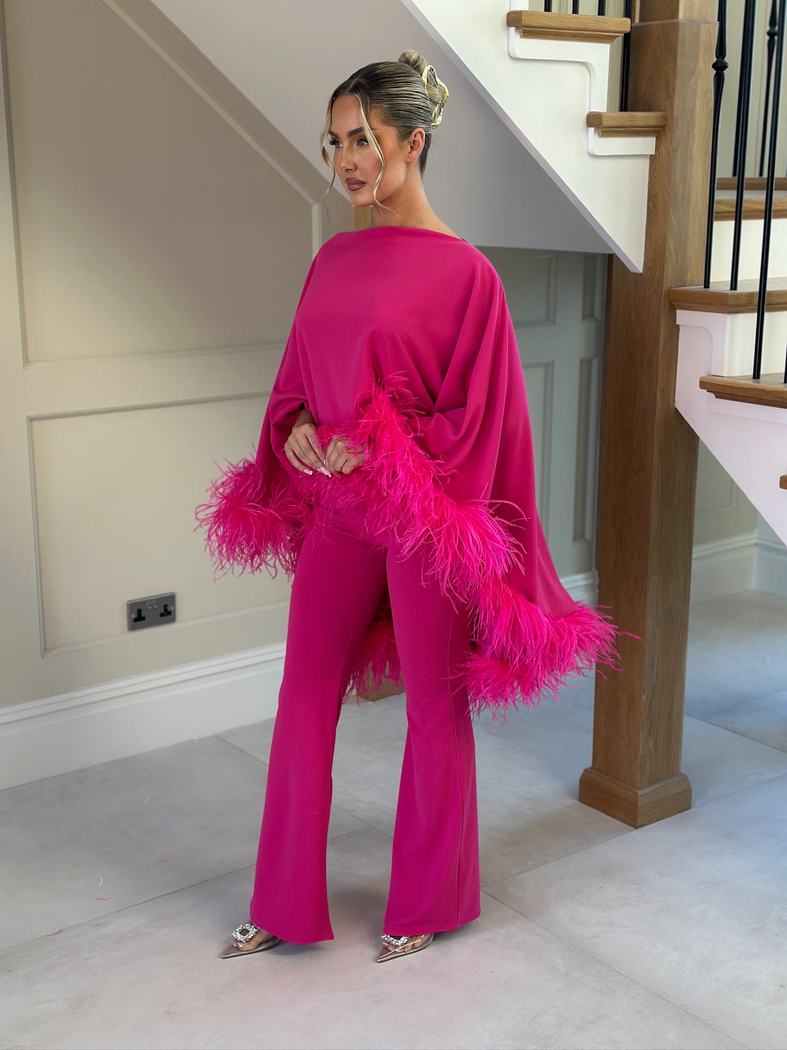 Kylie Cape Trouser Set Hot Pink