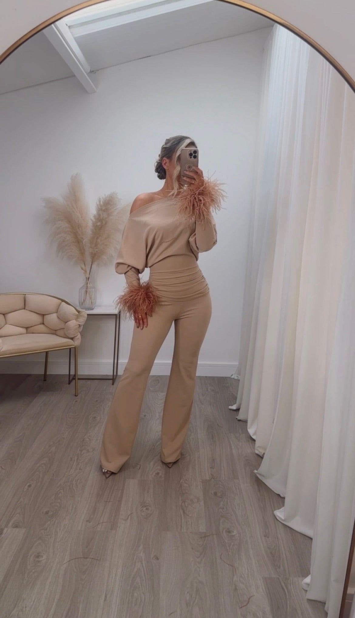 Arella Feather Jumpsuit Beige