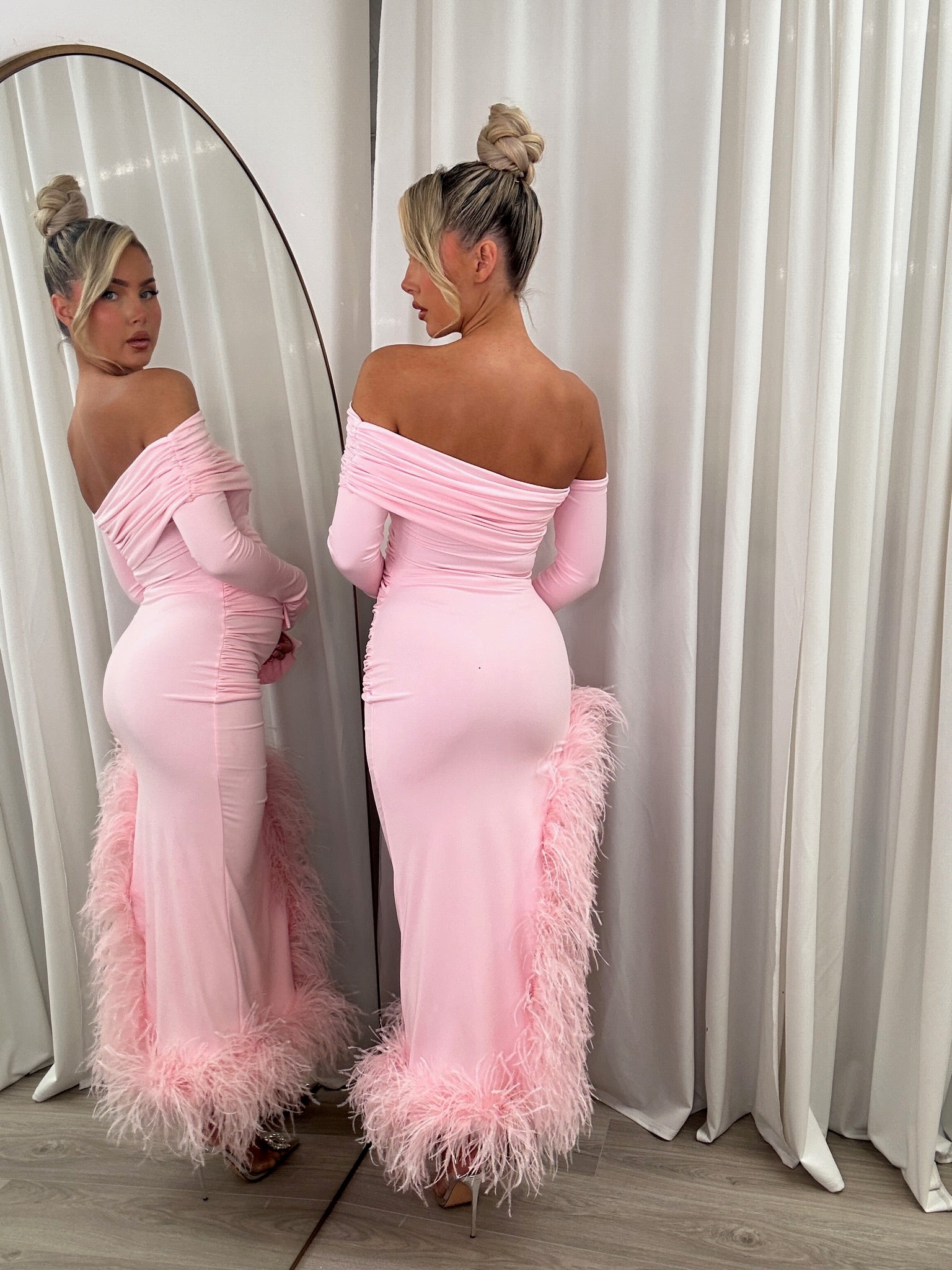 April Two Sleeve Maternity Ostrich Feather Dress Baby Pink