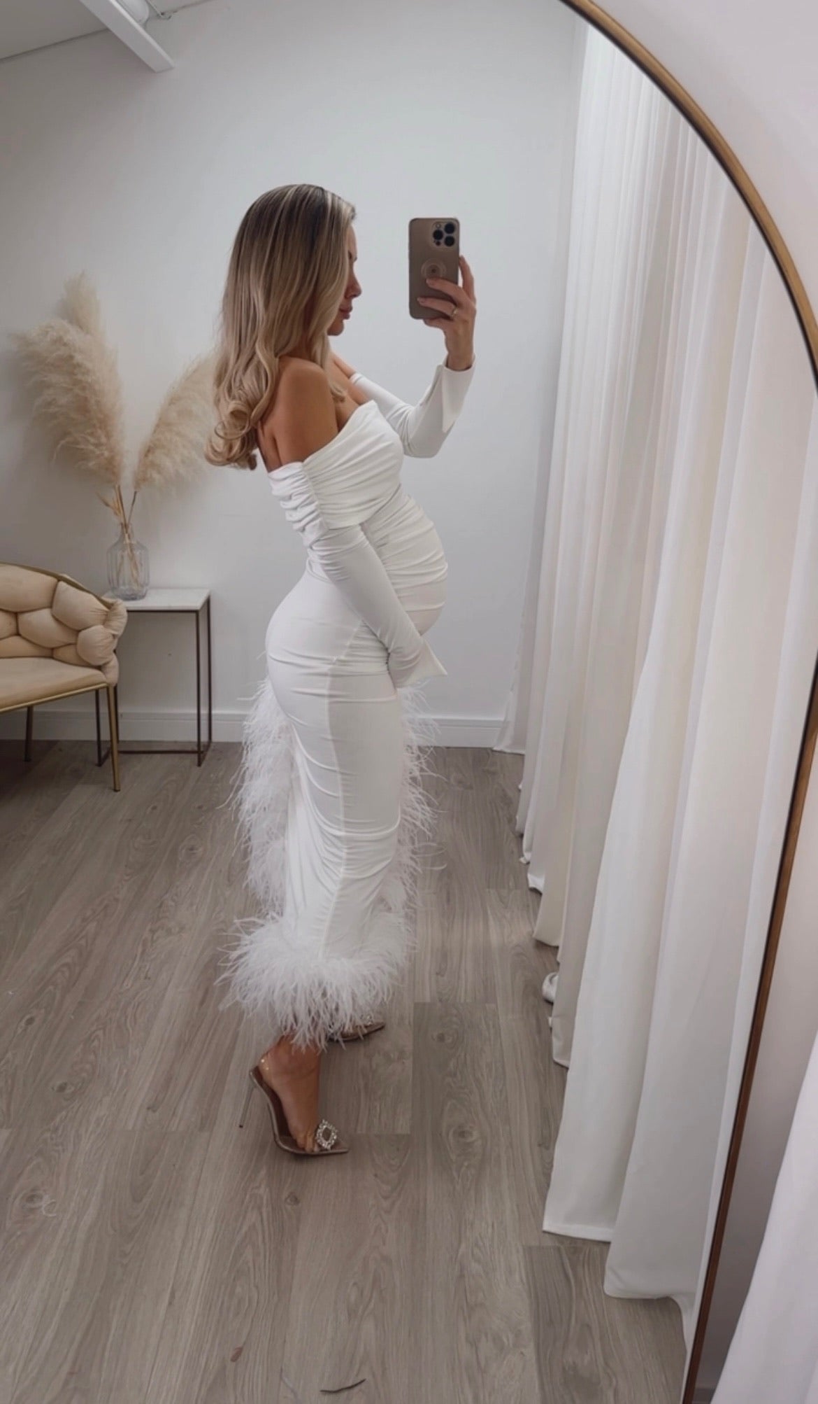 April Maternity Ostrich Feather Dress White