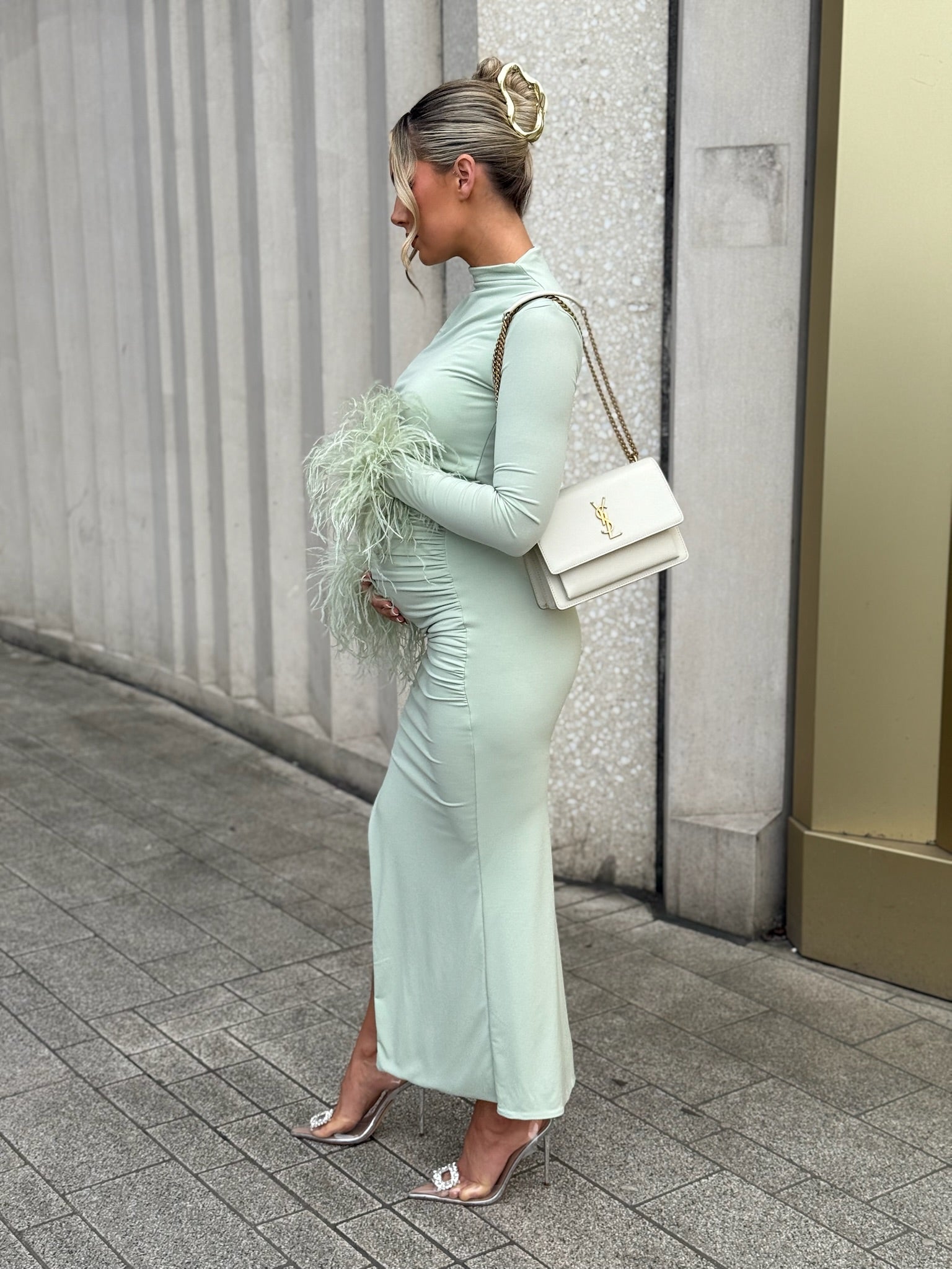 Kourtney Midi Ostrich Feather Maternity Dress Matcha