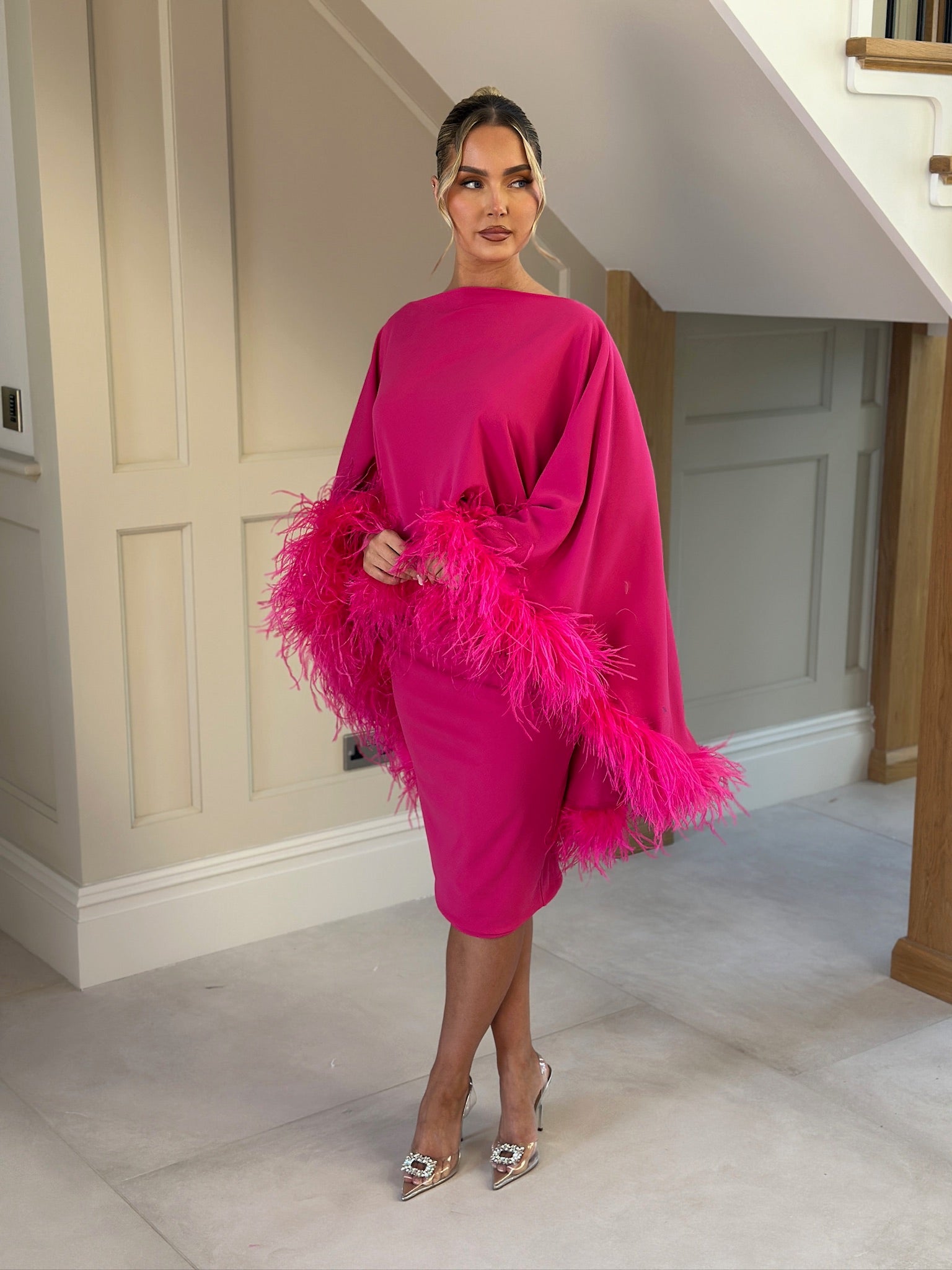 Kylie Cape Midi Skirt Set Hot Pink