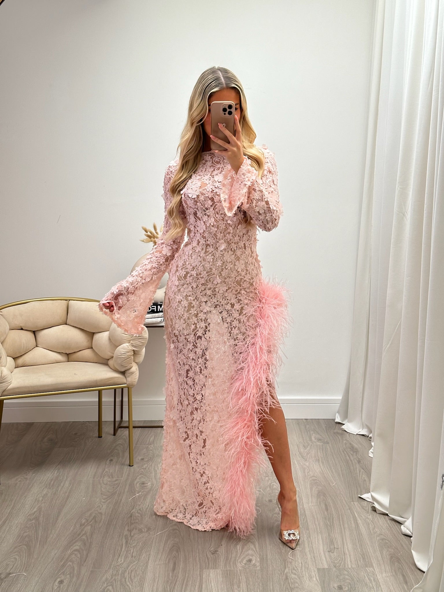 Claudia Ostrich Feather Dress Baby Pink