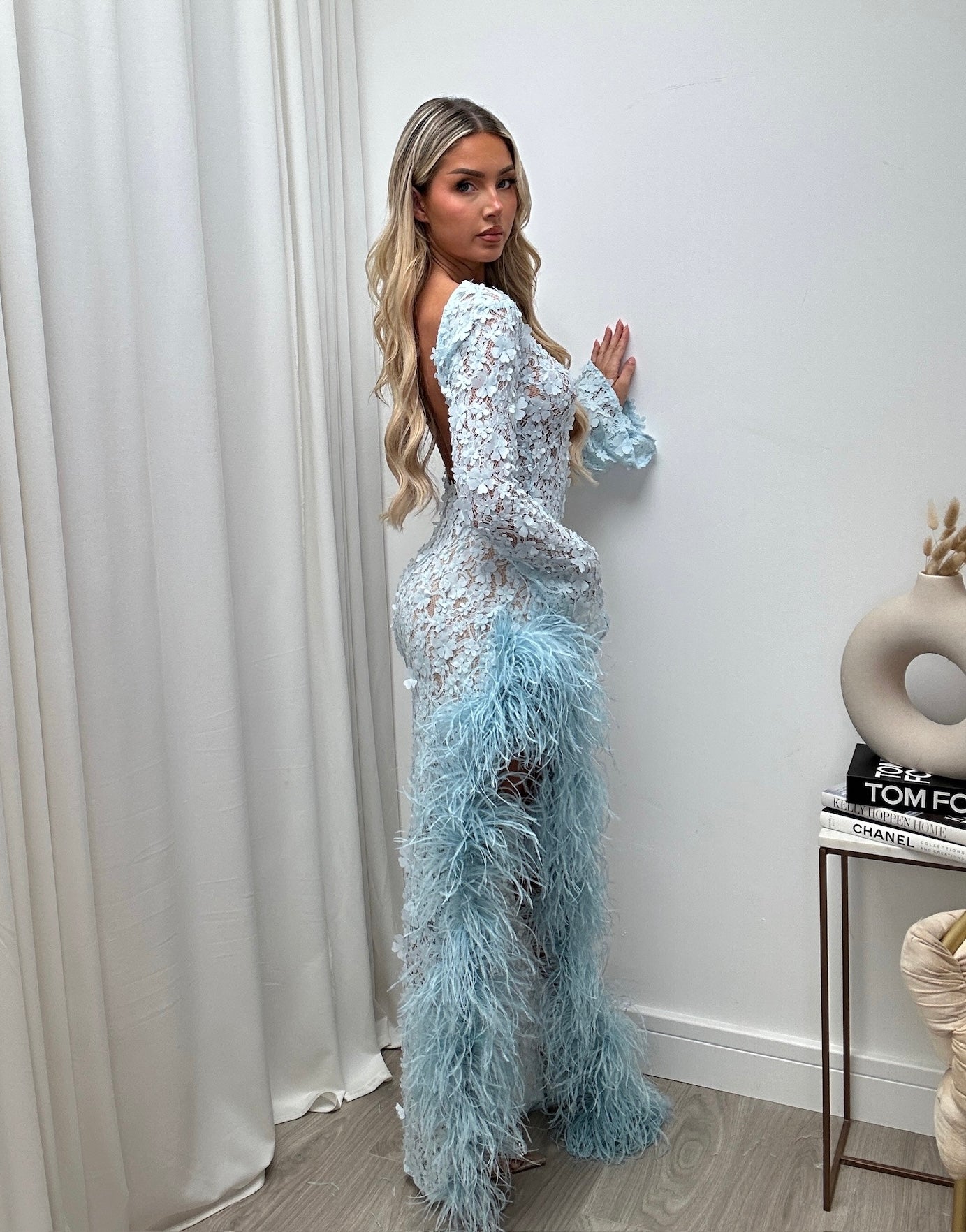 Claudia Ostrich Feather Dress Baby Blue