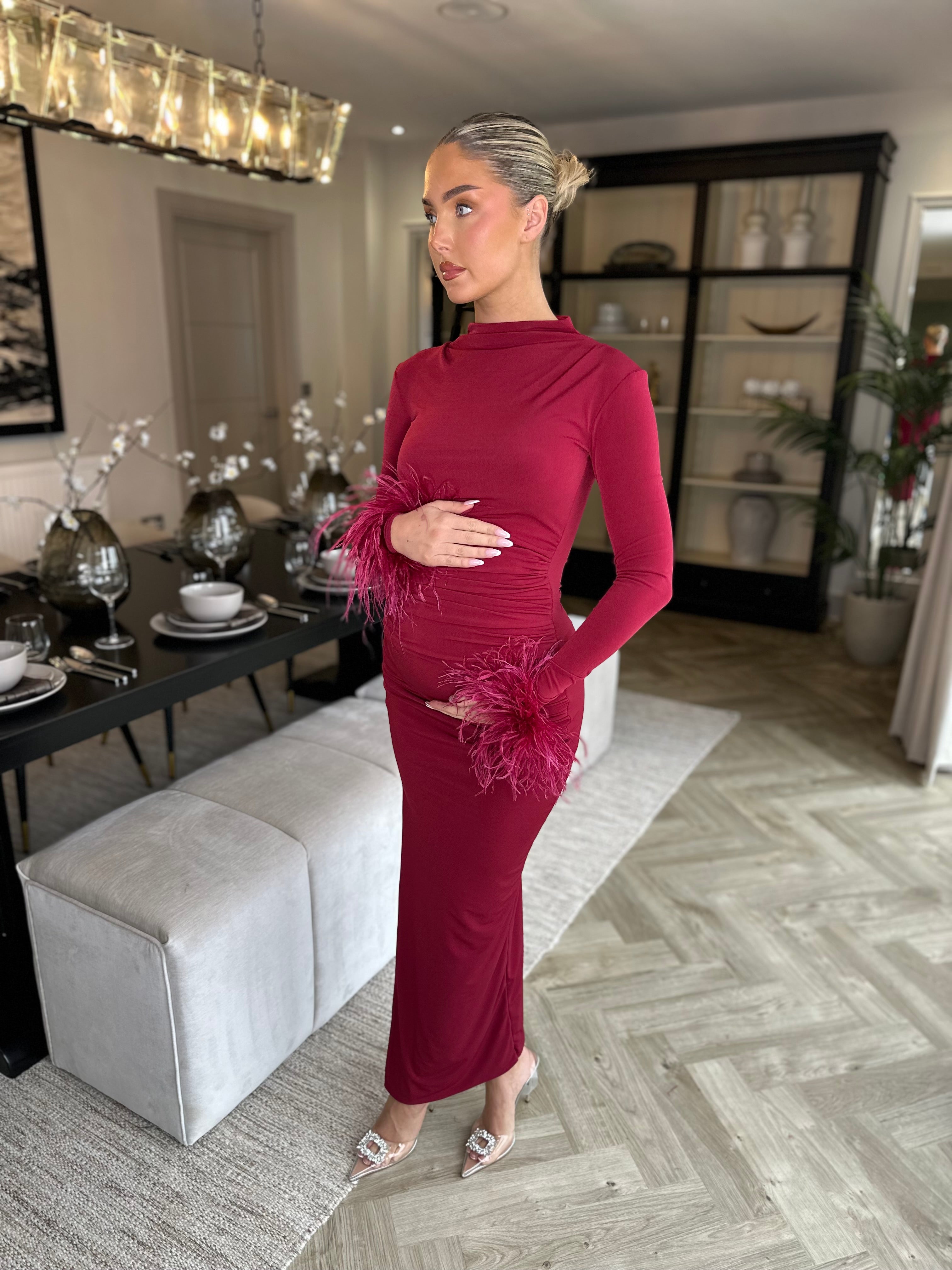 Kourtney Midi Ostrich Feather Maternity Dress Wine