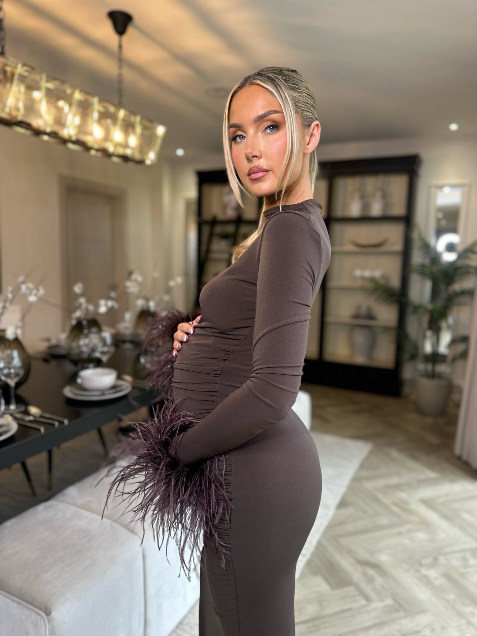 Kourtney Midi Ostrich Feather Maternity Dress Chocolate Brown 16