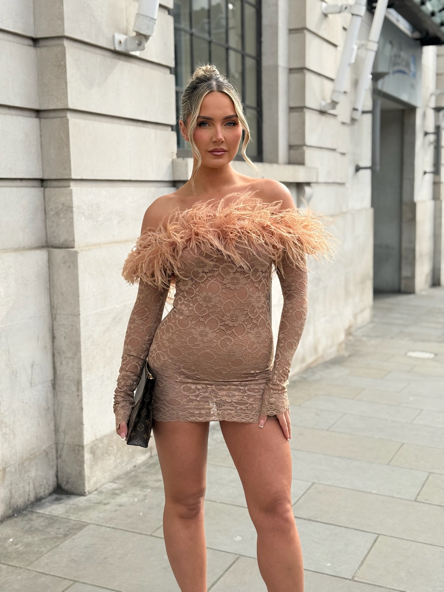 Carrie Ostrich Mini Dress Beige Lace