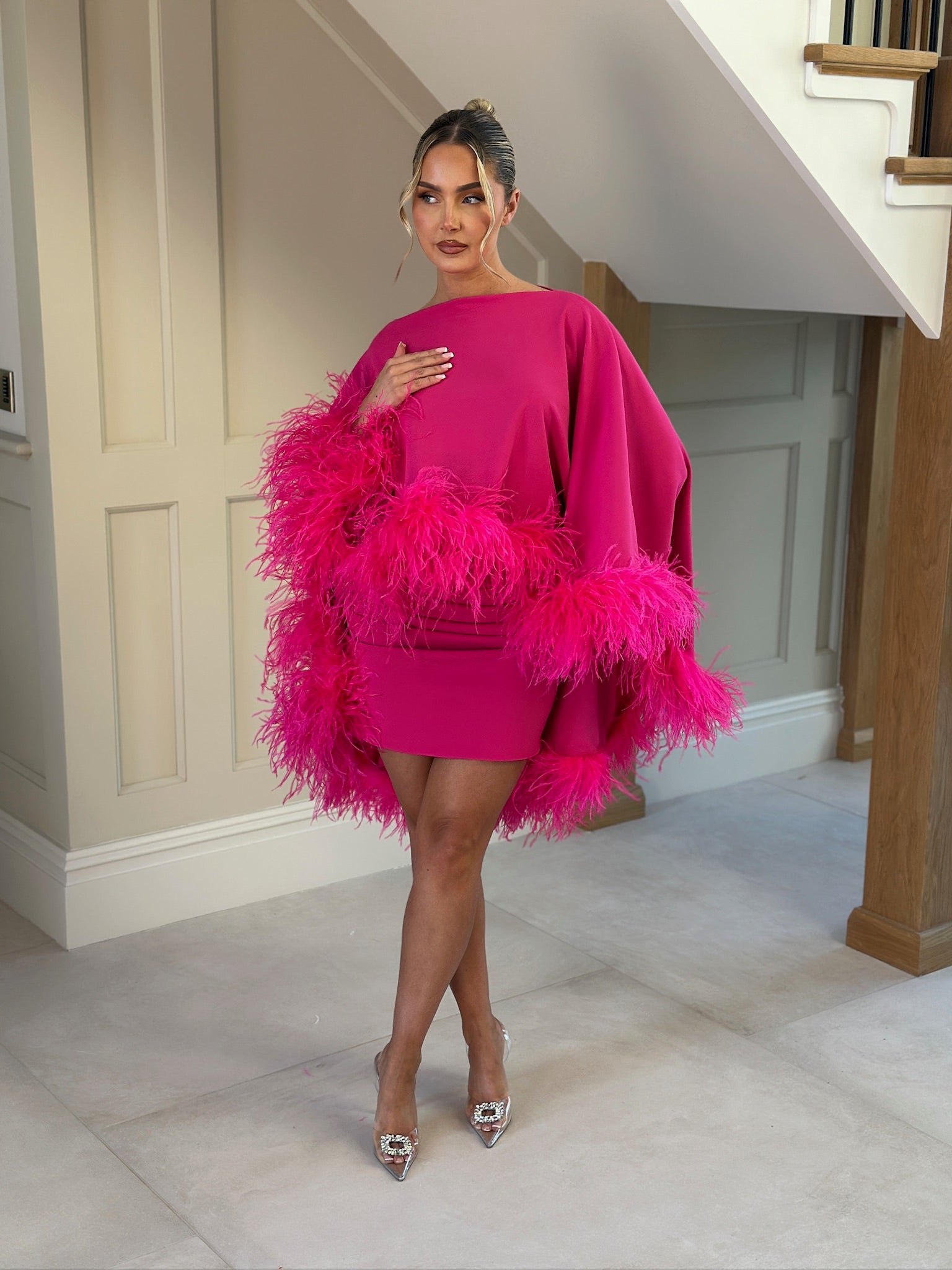 Kylie Cape Mini Skirt Set Hot Pink