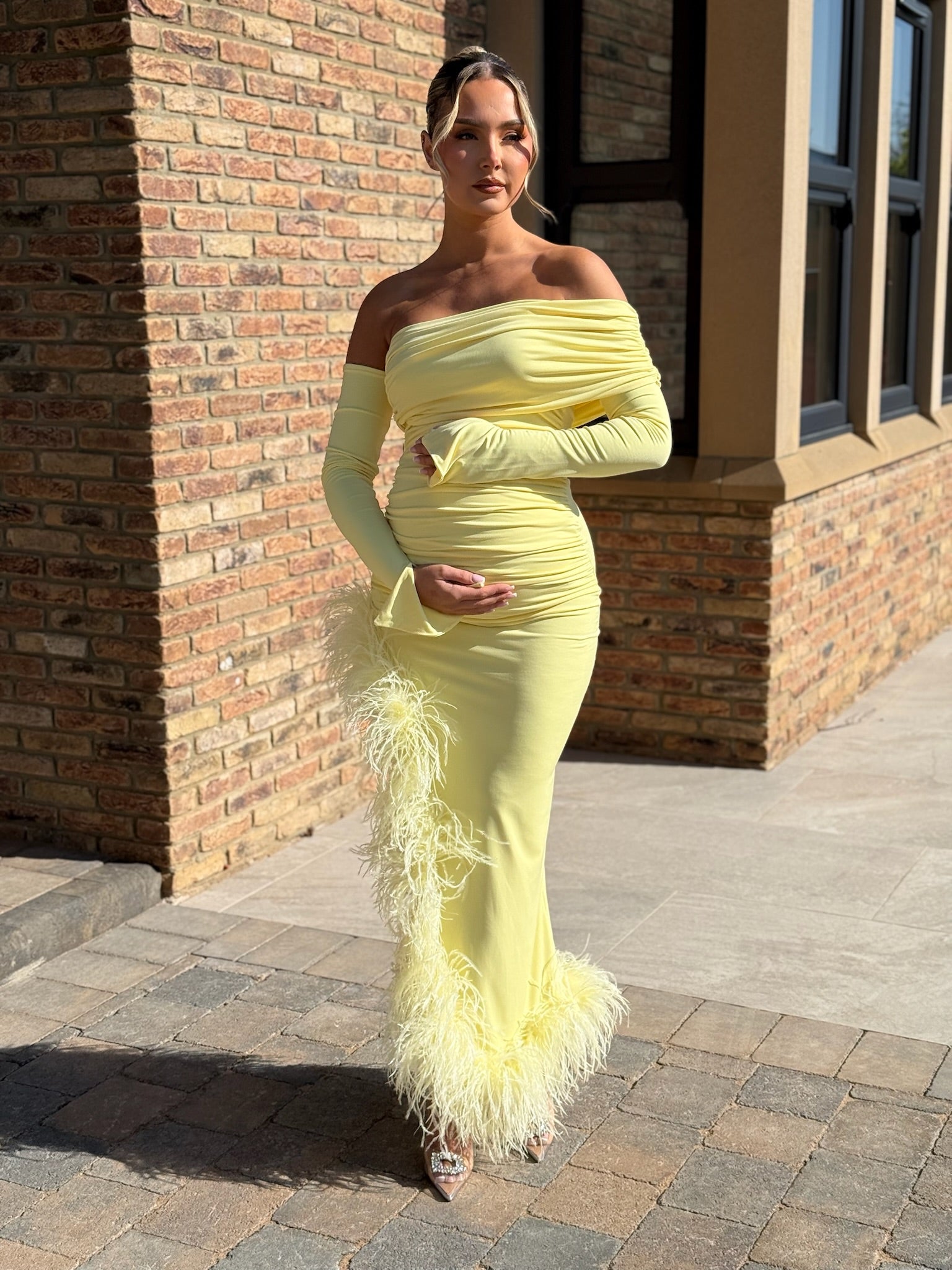 April Two Sleeve Maternity Ostrich Feather Dress Yellow