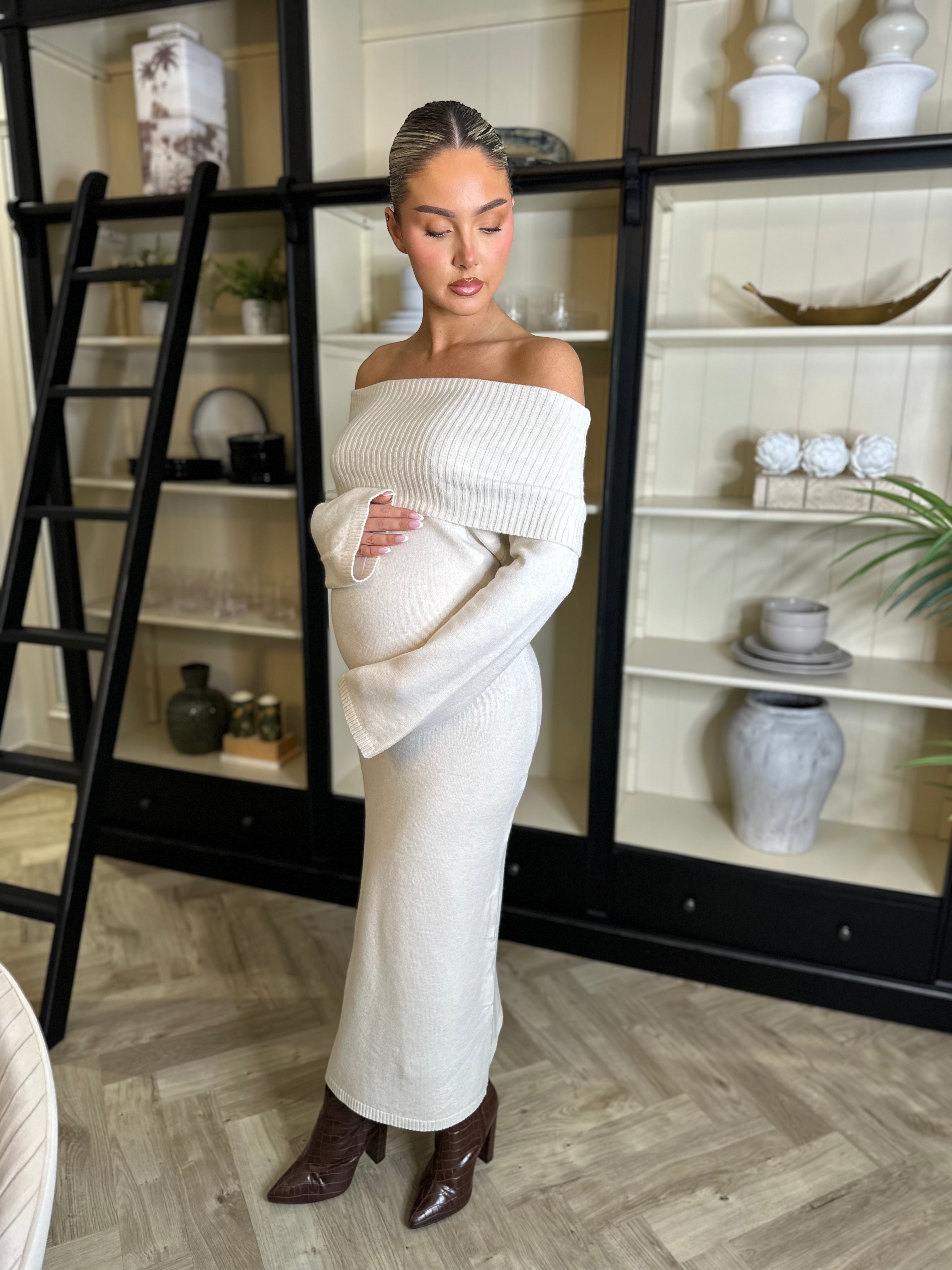 Knit Bardot Shoulder Midi Dress Cream
