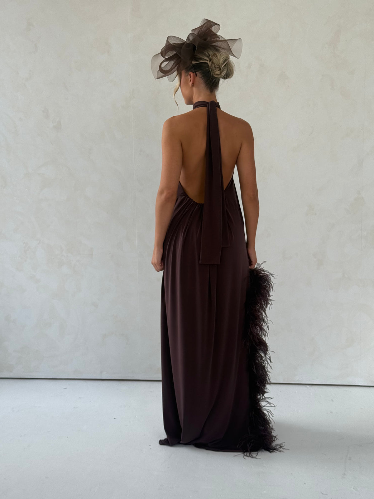 Aria Halter Neck Ostrich Feather Dress Chocolate