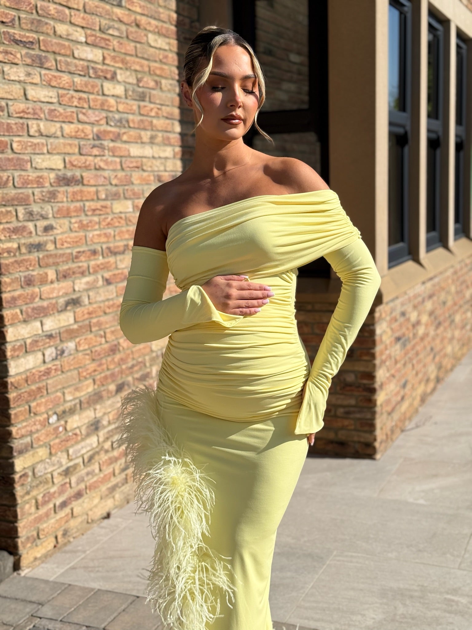 April Two Sleeve Maternity Ostrich Feather Dress Yellow
