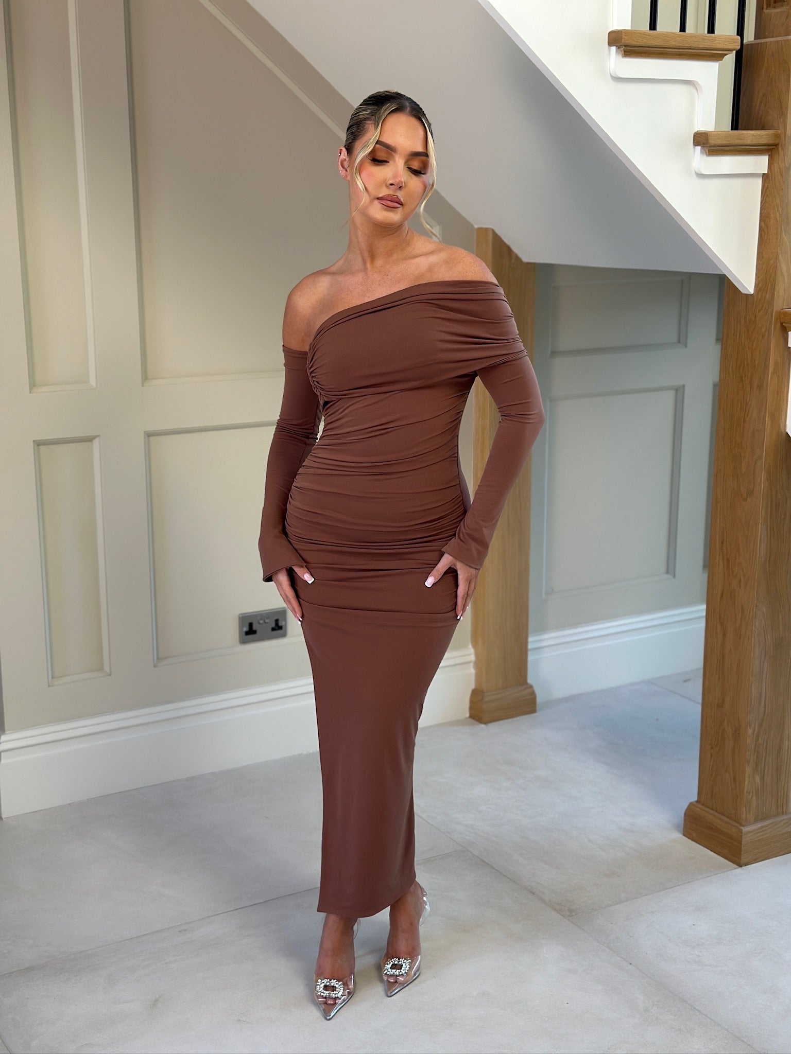 April Two Sleeve Midi Dress Almond Brown