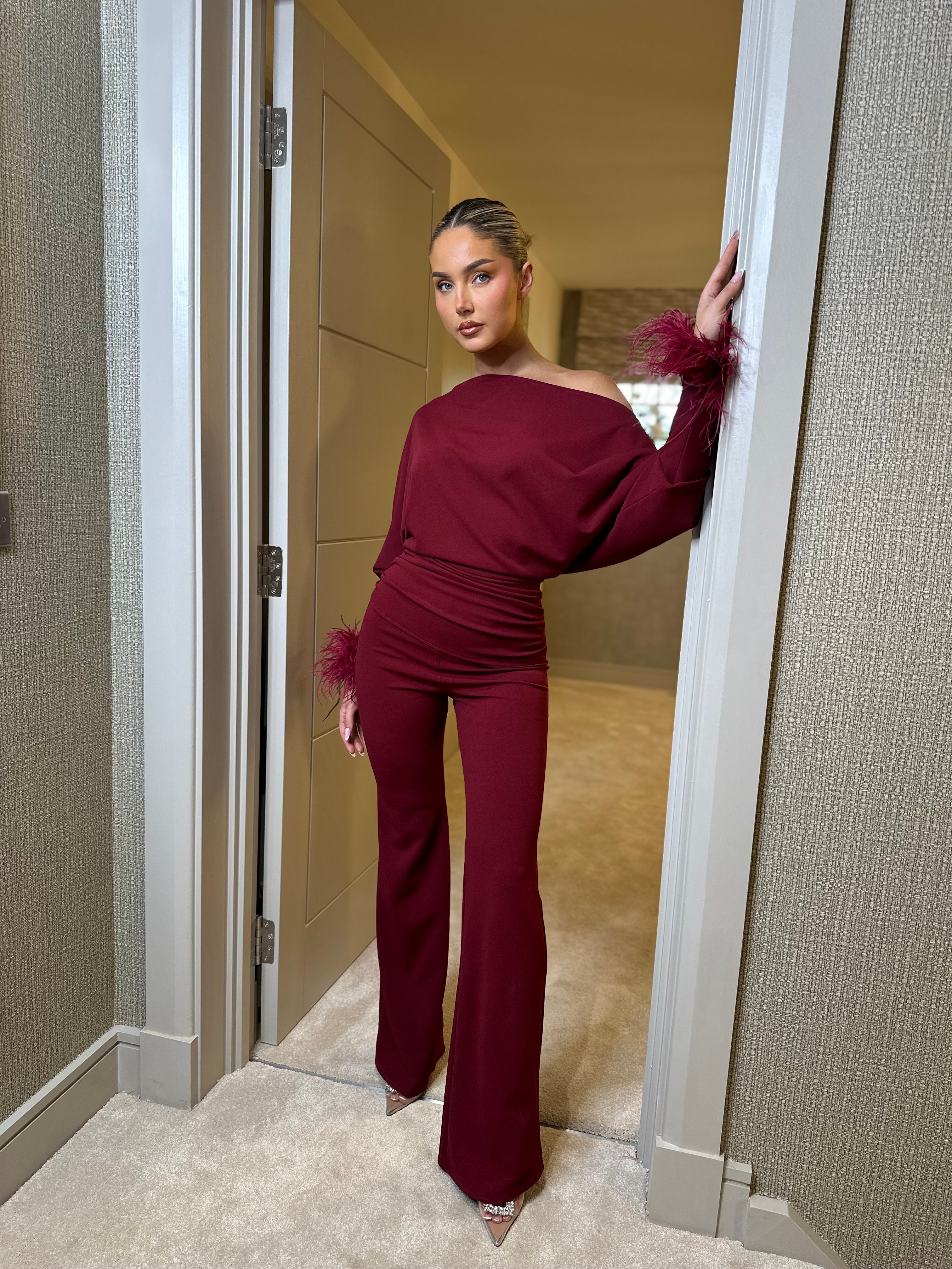 Arella Feather Jumpsuit Wine