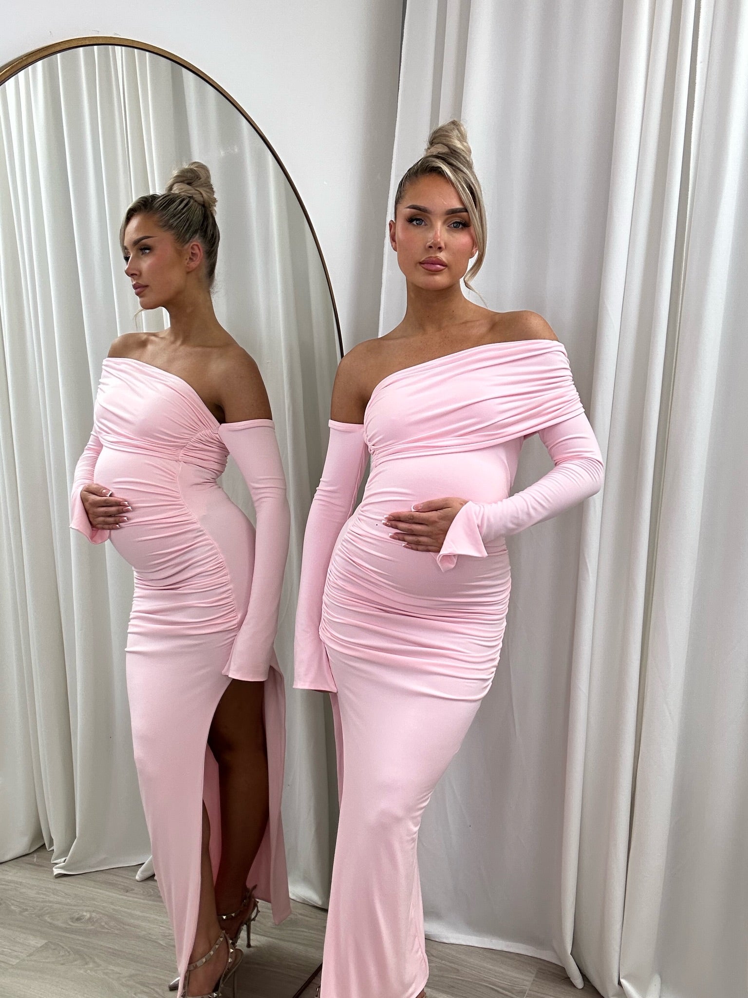 knee length dresses for ladies Momyknows Pink Floral Smocked Mermaid Deep V-Neck Lantern Sleeve Elegant Cocktail Party Maternity Photoshoot Baby Shower Maxi Dress Pink / XL