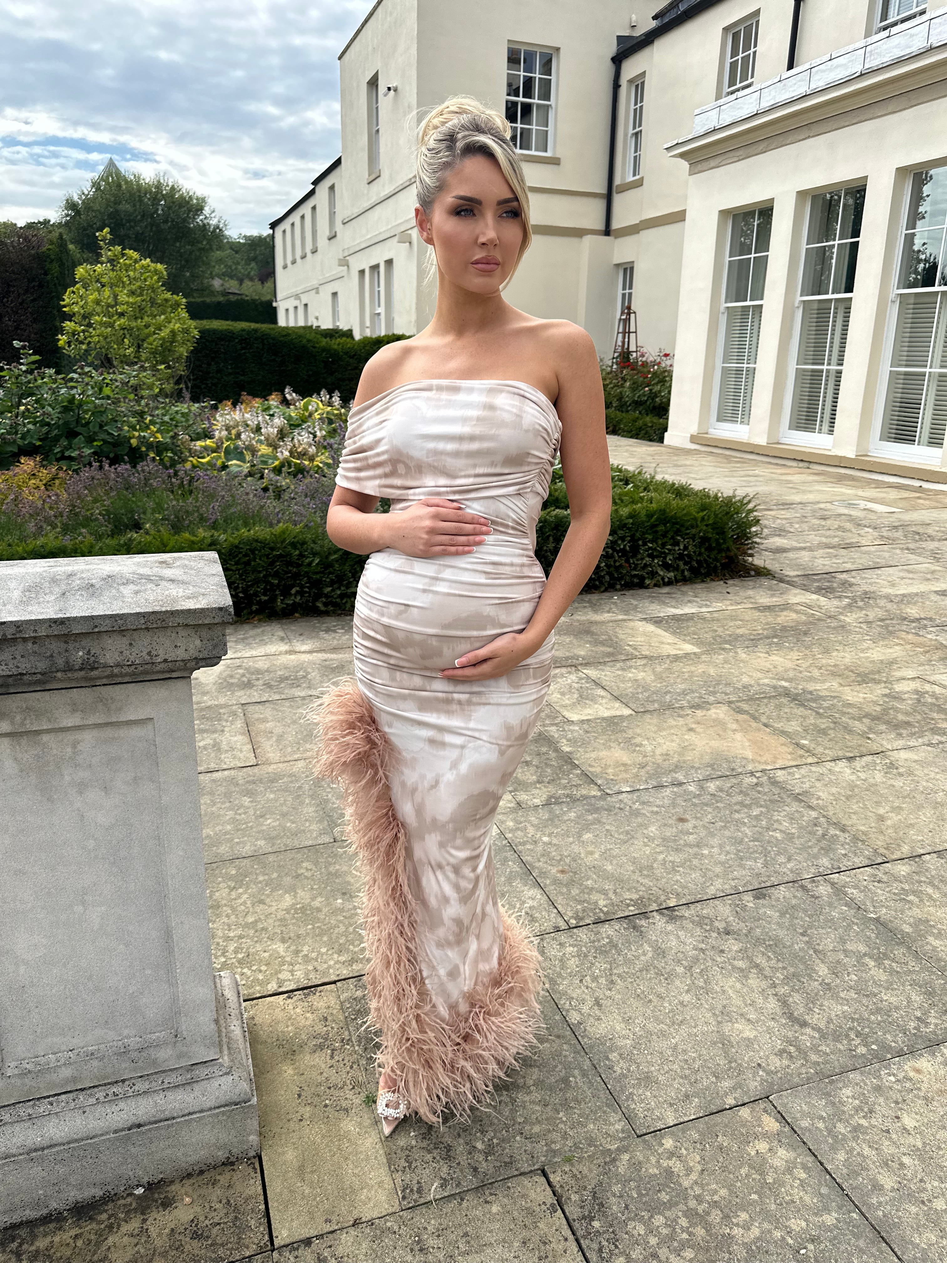 April Sleeveless Maternity Ostrich Feather Dress Nude Smudge