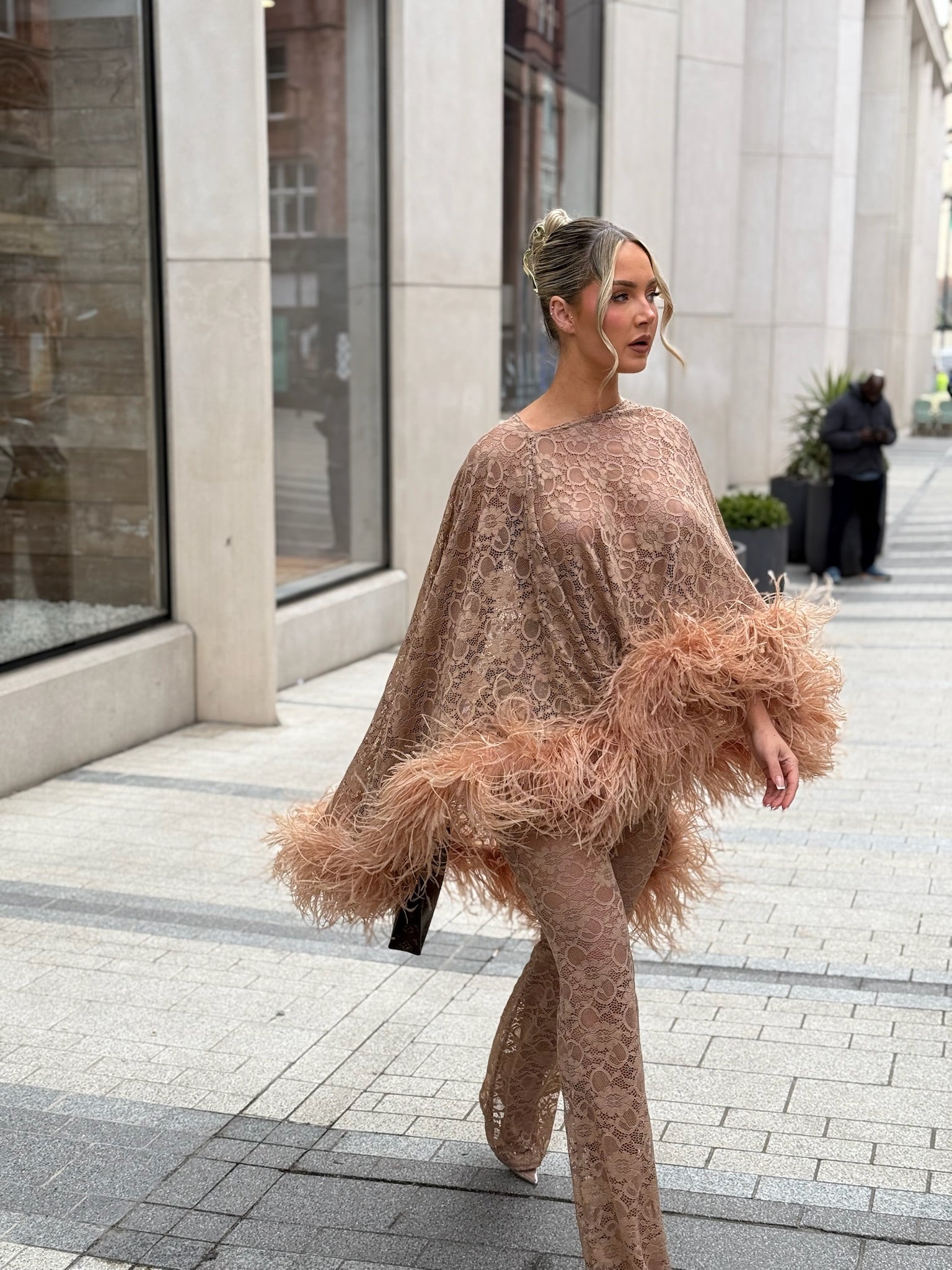 Kylie Cape Trouser Set Beige Lace