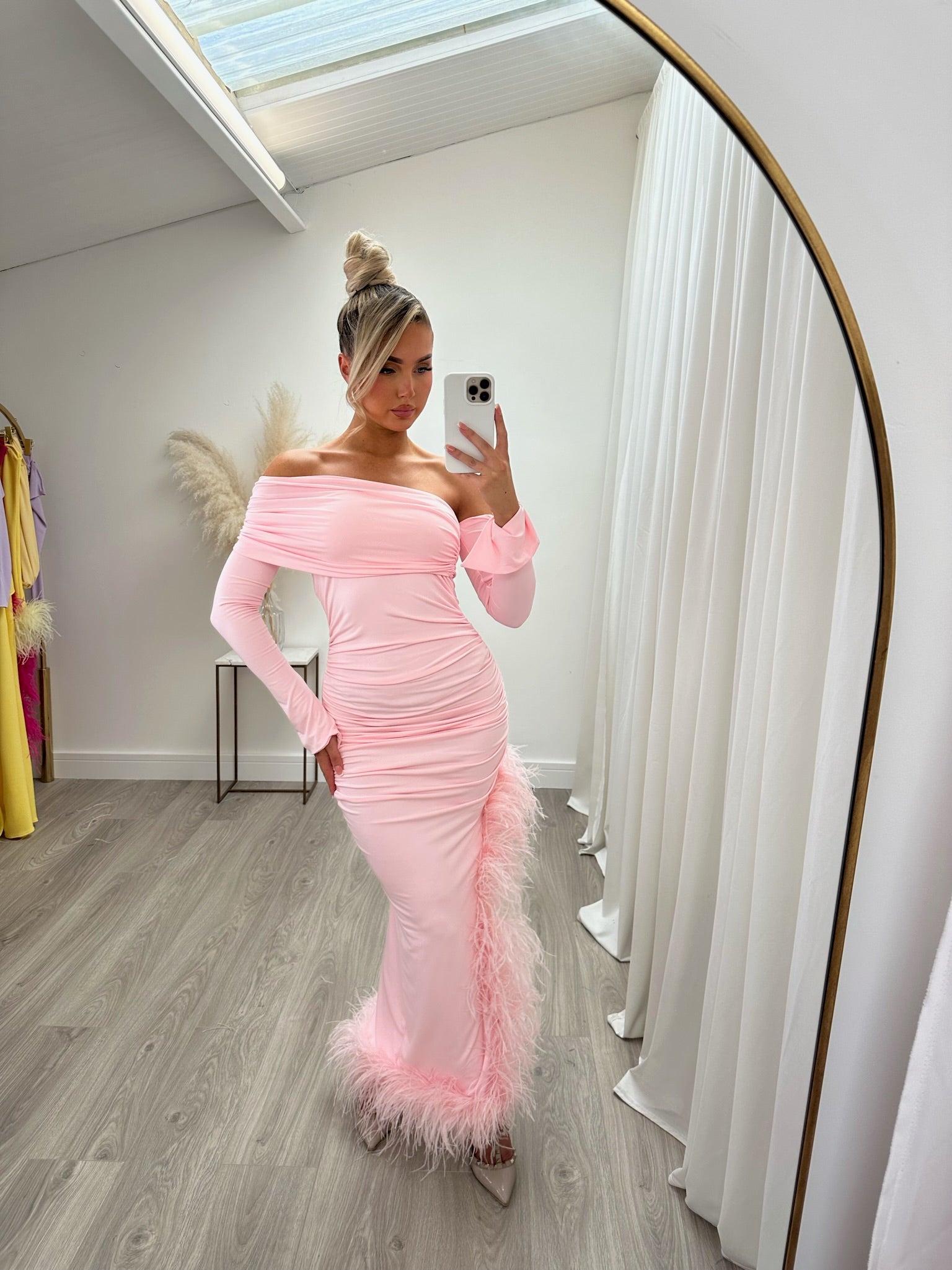 April Two Sleeve Midi Ostrich Feather Dress baby pink