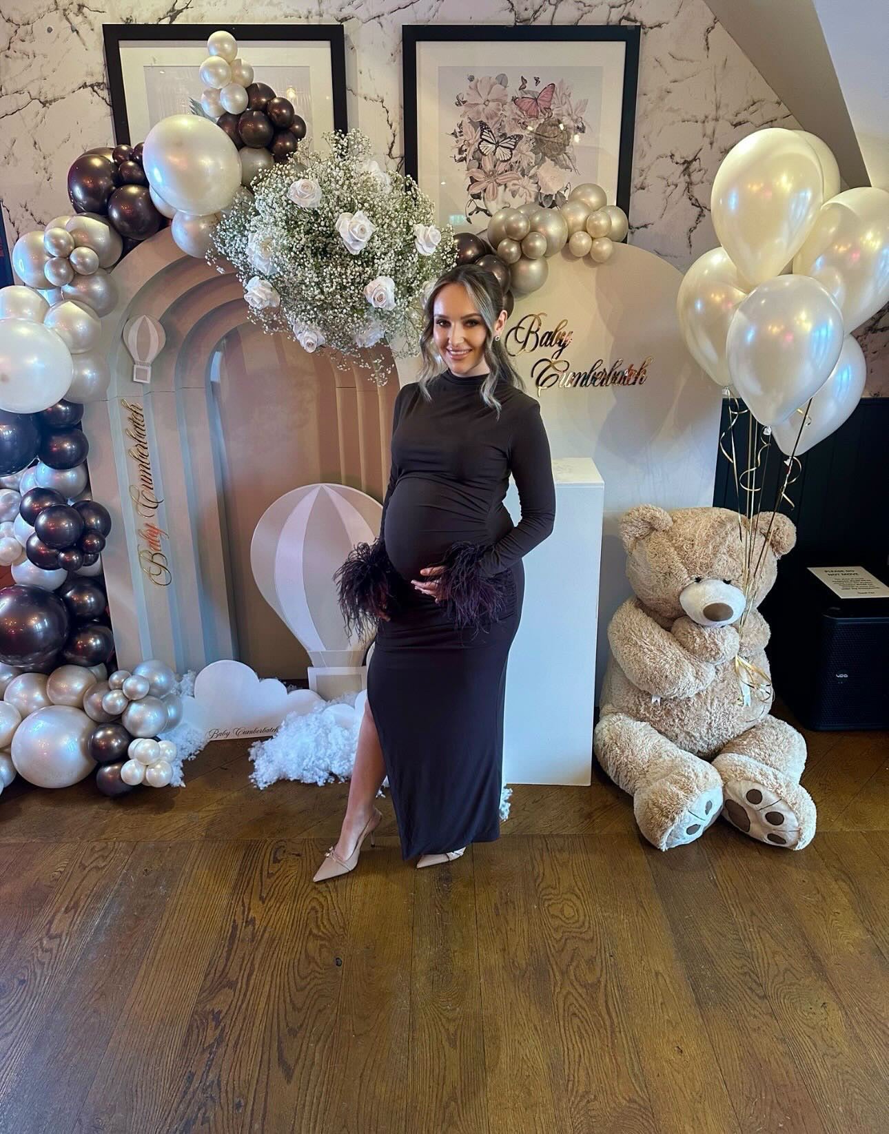 Kourtney Midi Ostrich Feather Maternity Dress Chocolate Brown