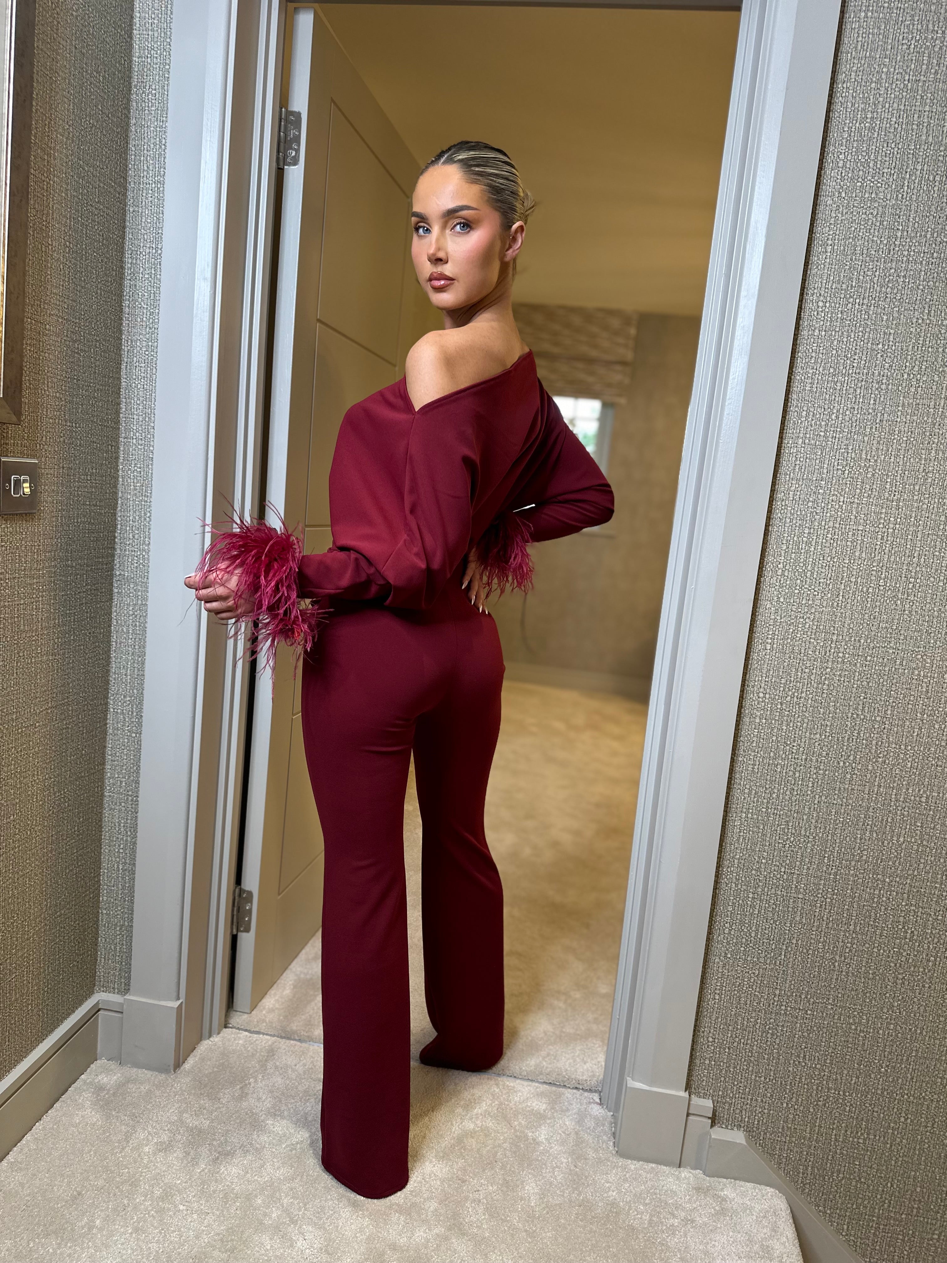 Arella Feather Jumpsuit Wine