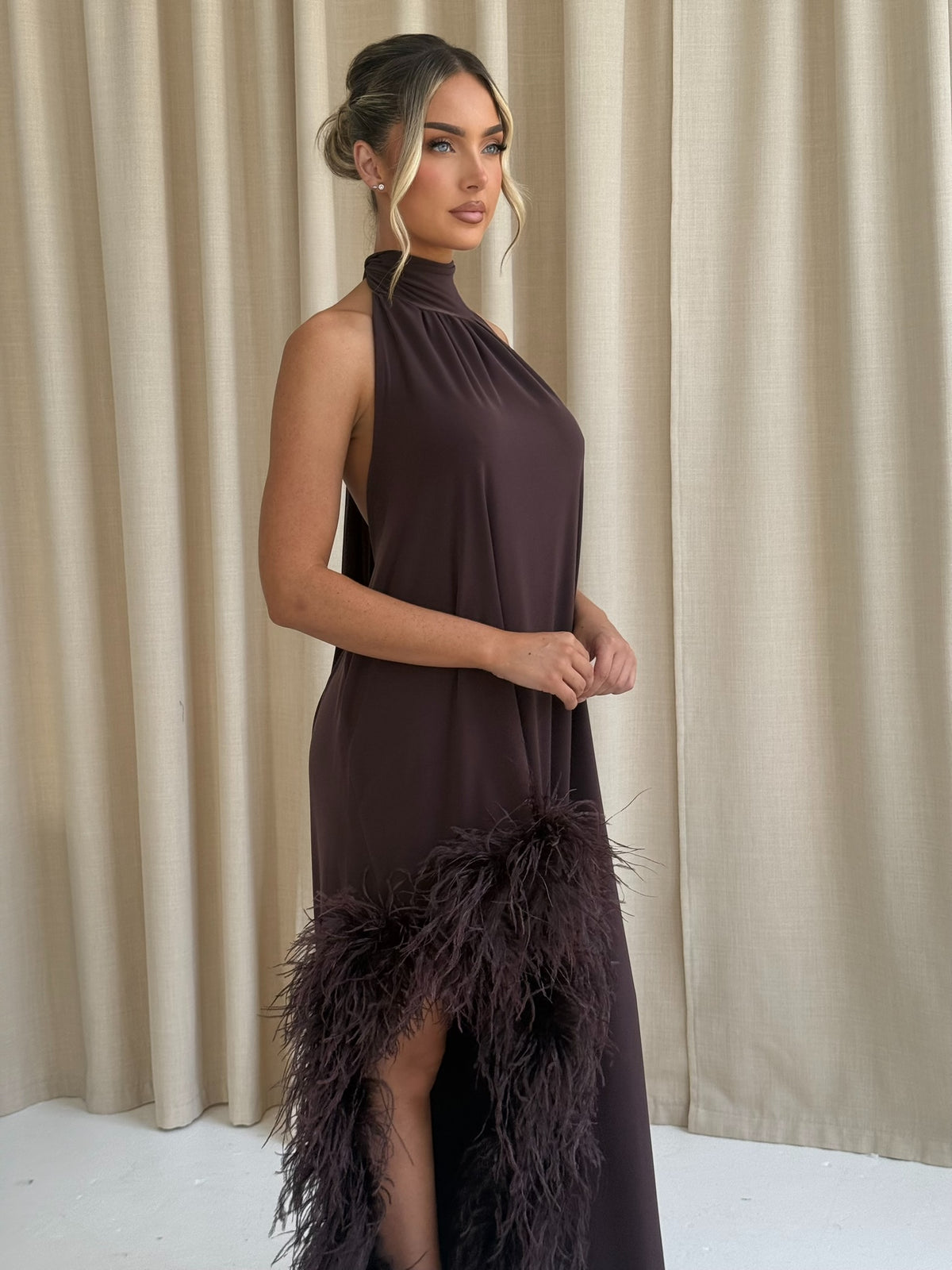 Aria Halter Neck Ostrich Feather Dress Chocolate