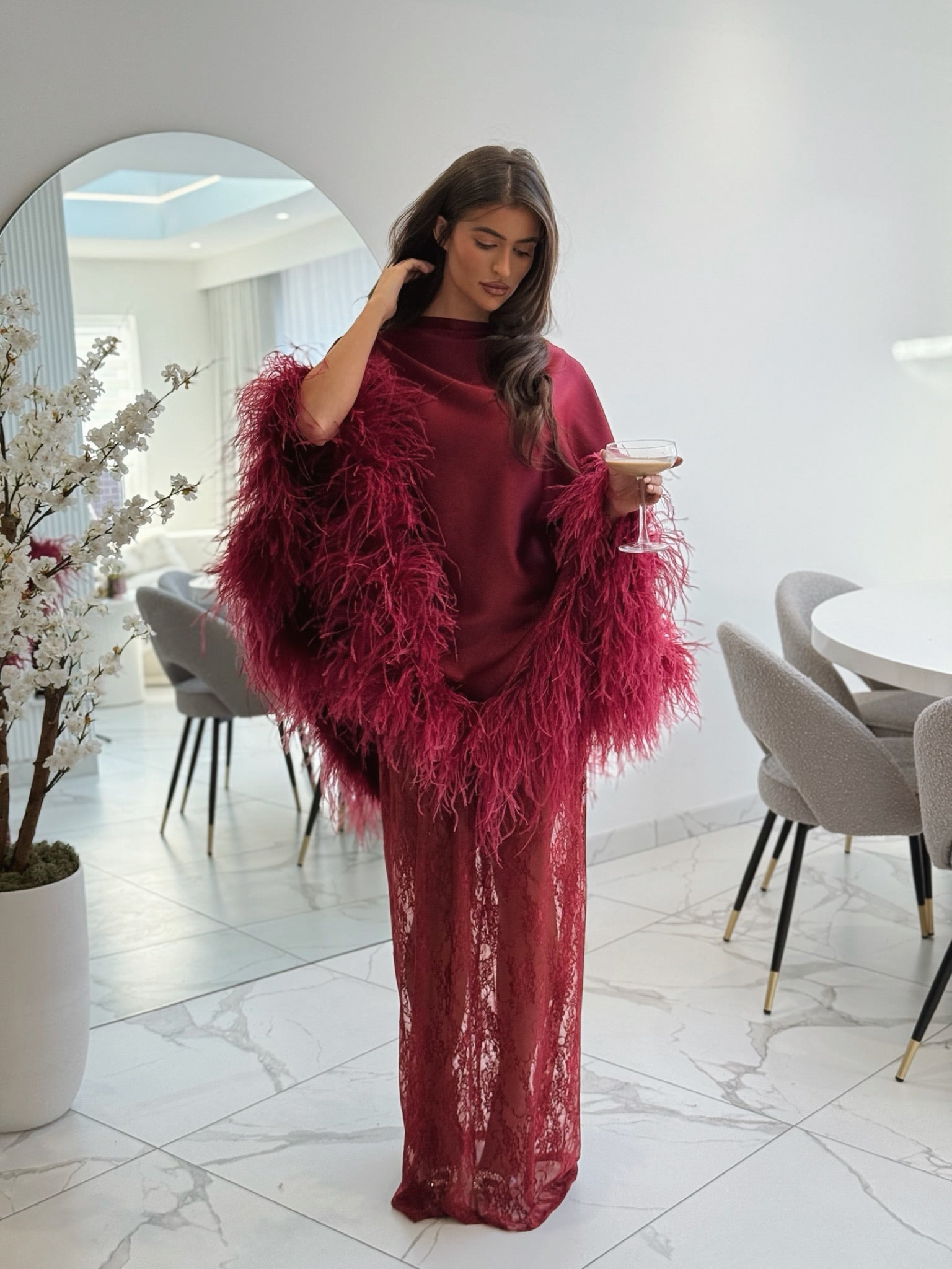 Amina Cape Skirt Set Wine