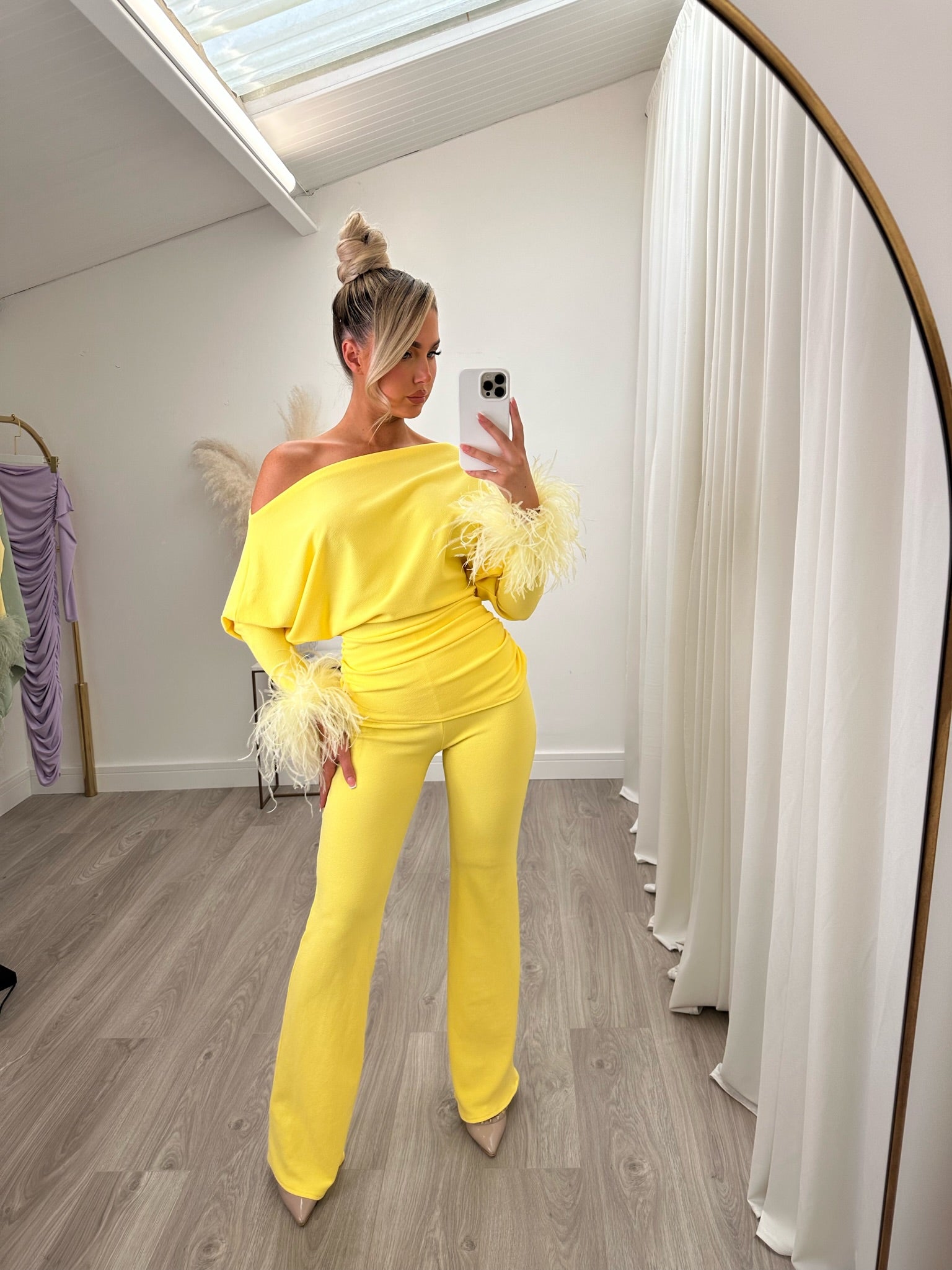Arella Feather Jumpsuit Yellow