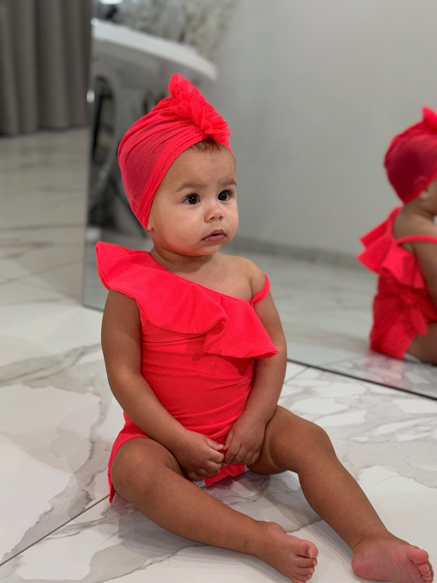 Mini Neon Red Ruffle Turban