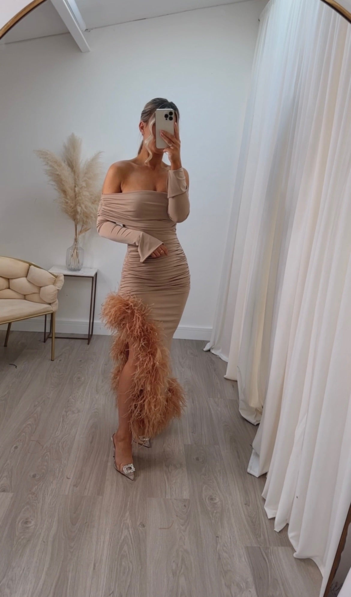 April Two Sleeve Midi Ostrich Feather Dress Beige