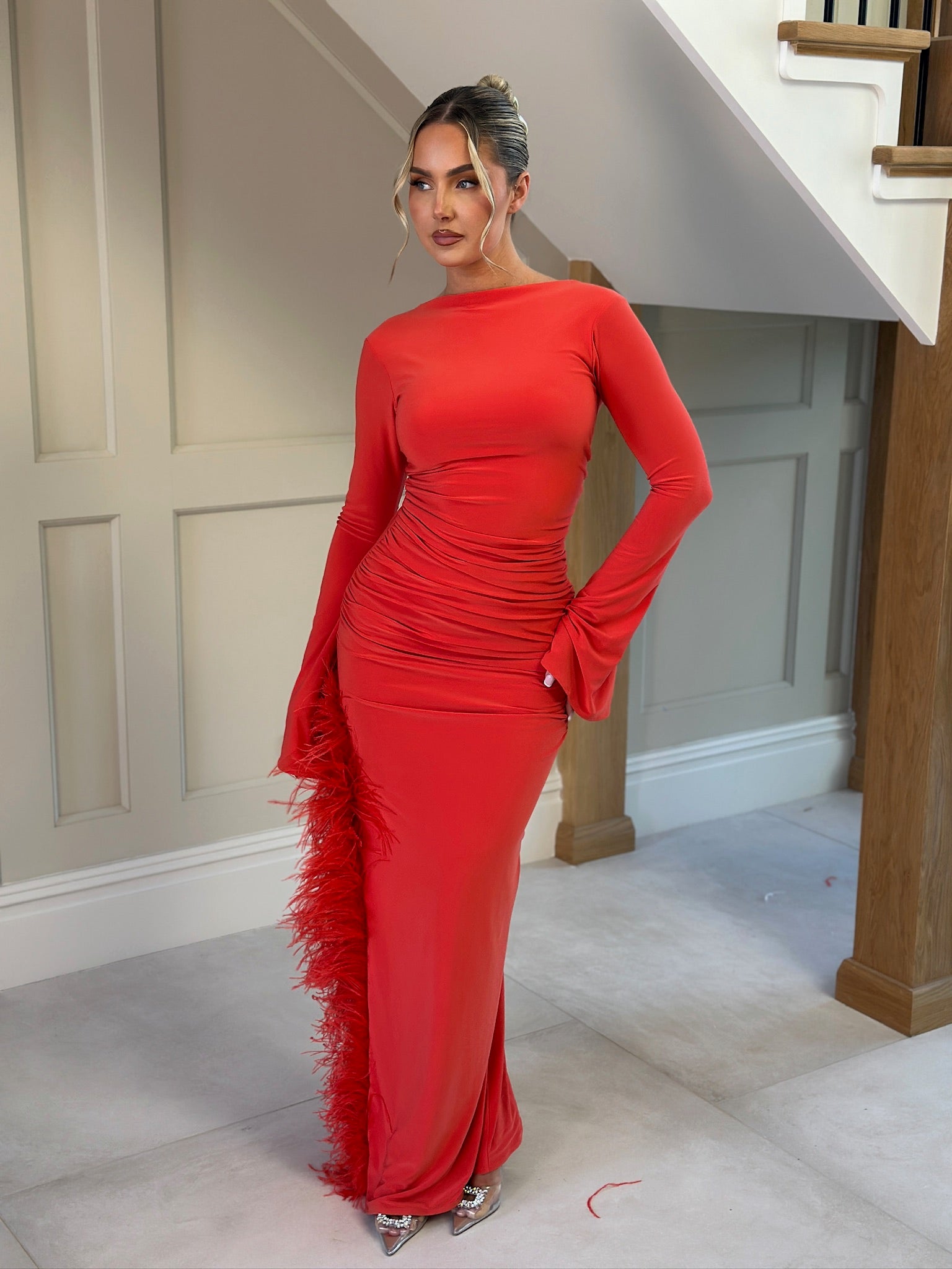 Claudia Ostrich Feather Dress Blood Orange