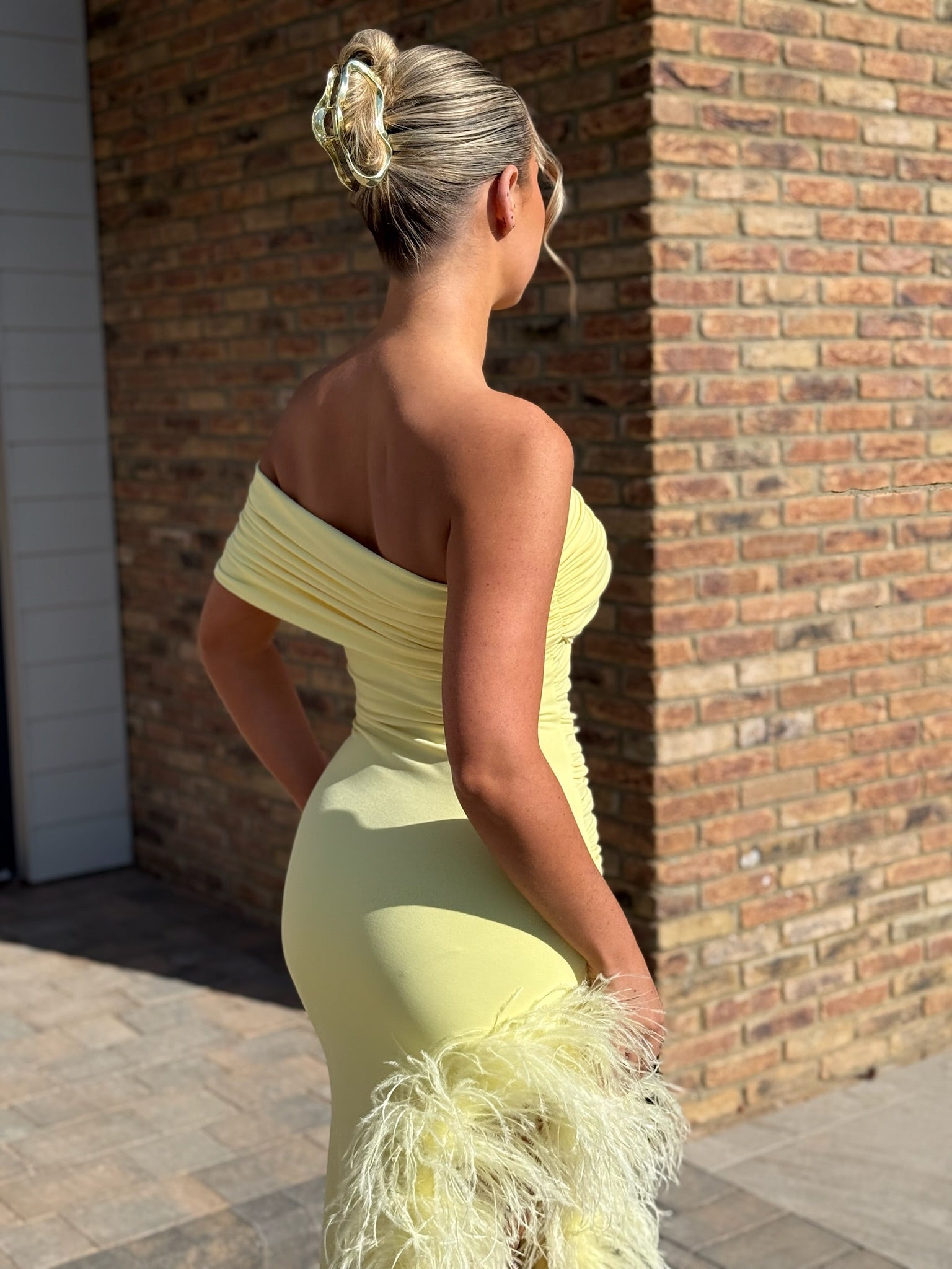 April Sleeveless Midi Ostrich Feather Dress Yellow