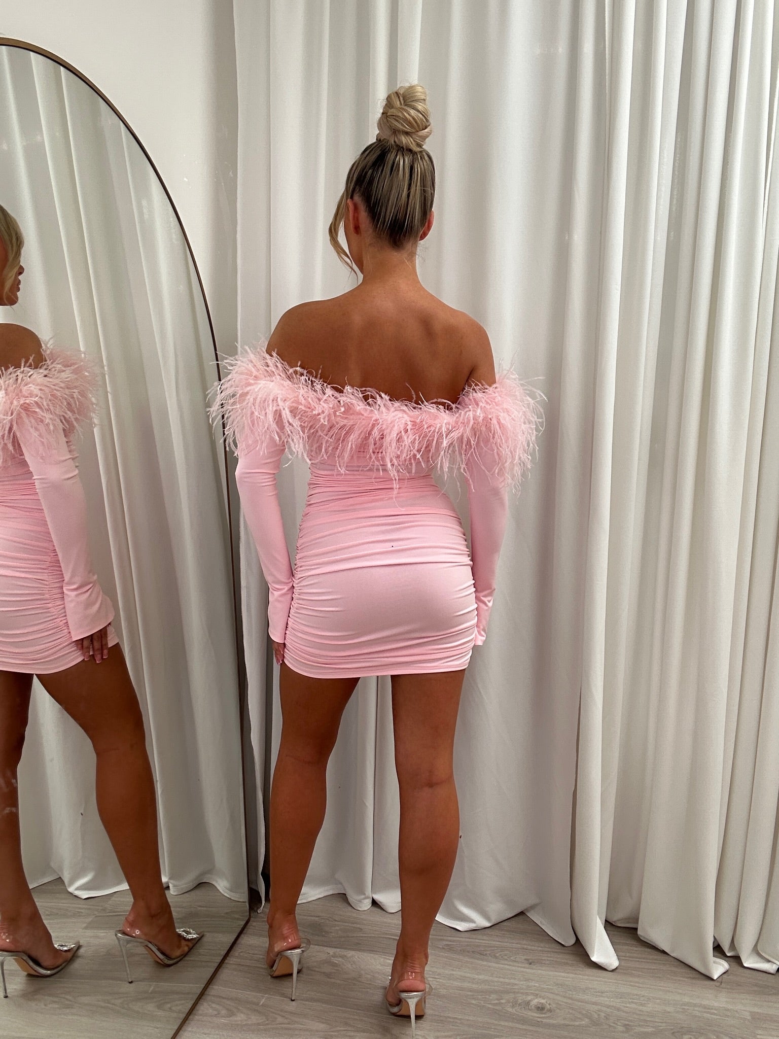 Carrie Ostrich Mini Dress Baby Pink