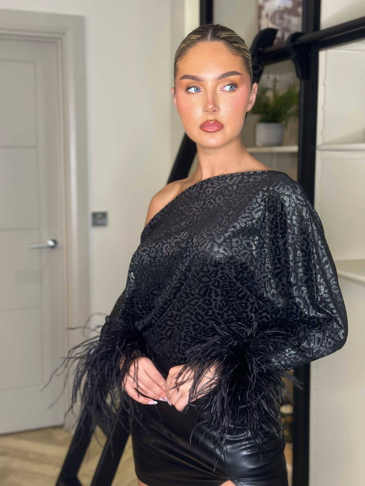 Arella Feather Top Burnt Out Print Black