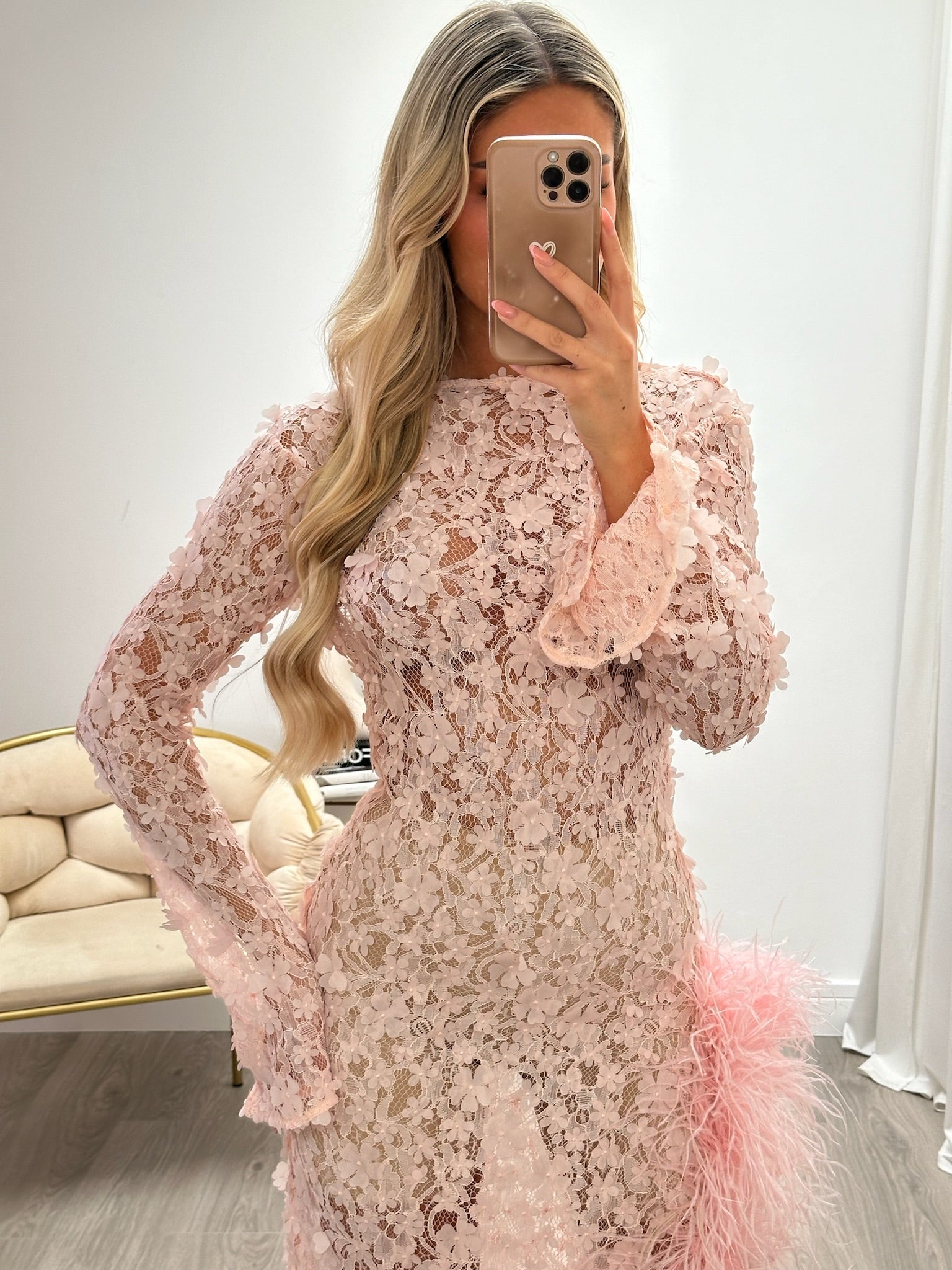 Claudia Ostrich Feather Dress Baby Pink