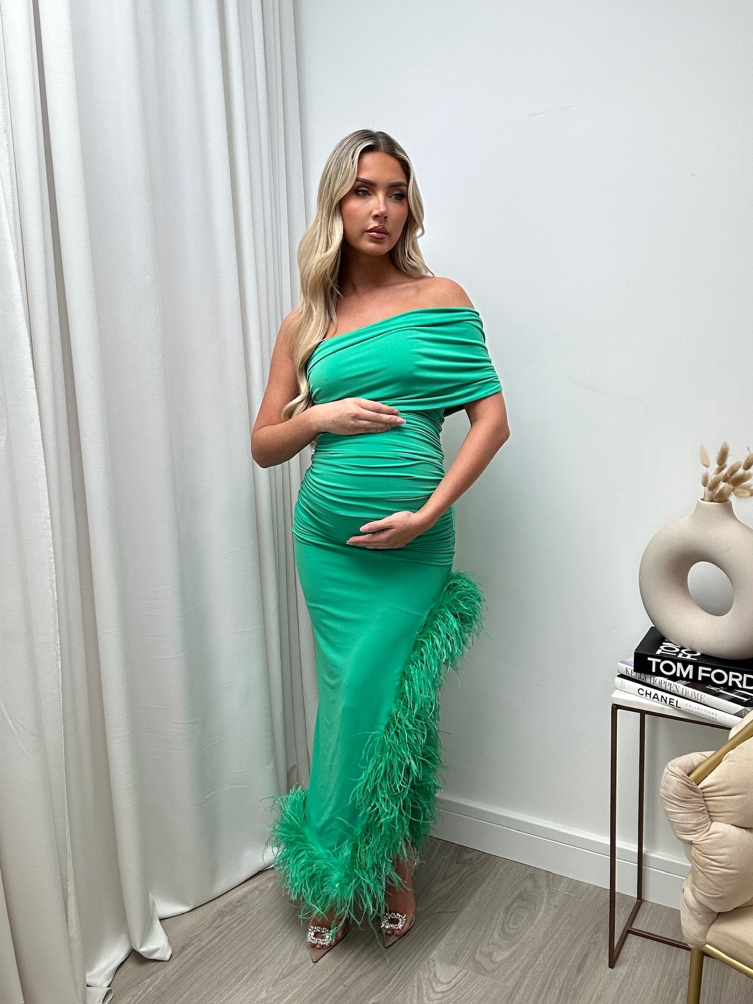 April Sleeveless Maternity Ostrich Feather Dress emerald green
