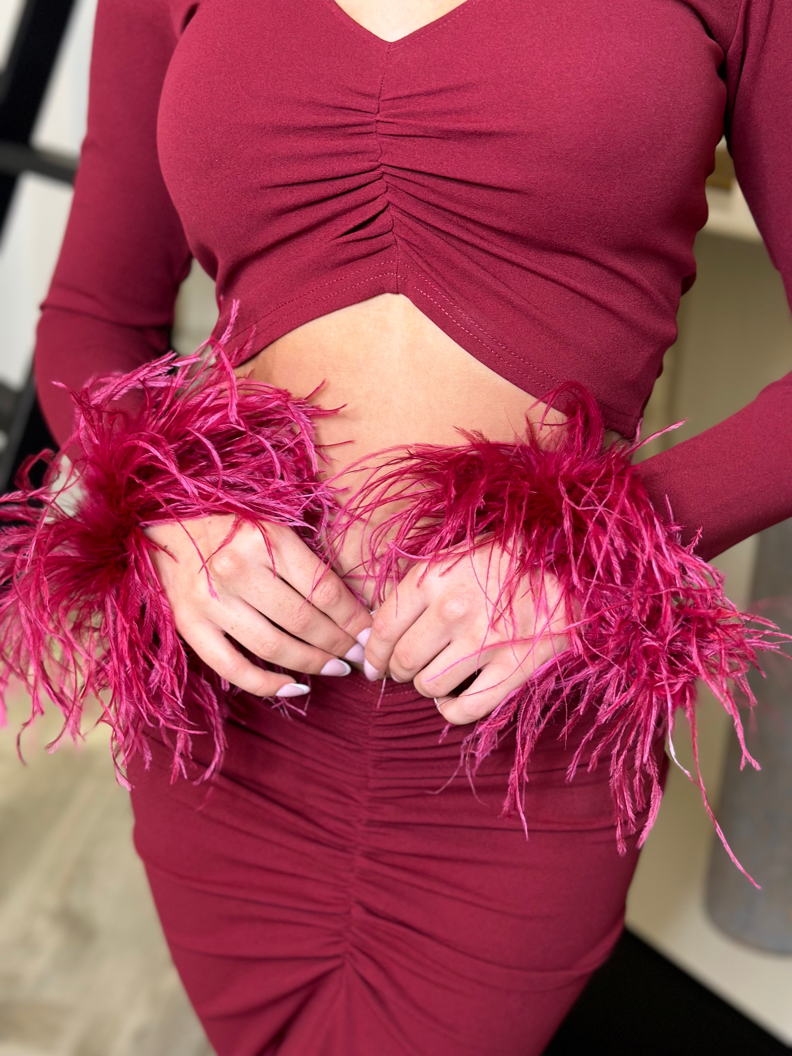 Kandy Ostrich Feather Cuff Two Piece Set Wine