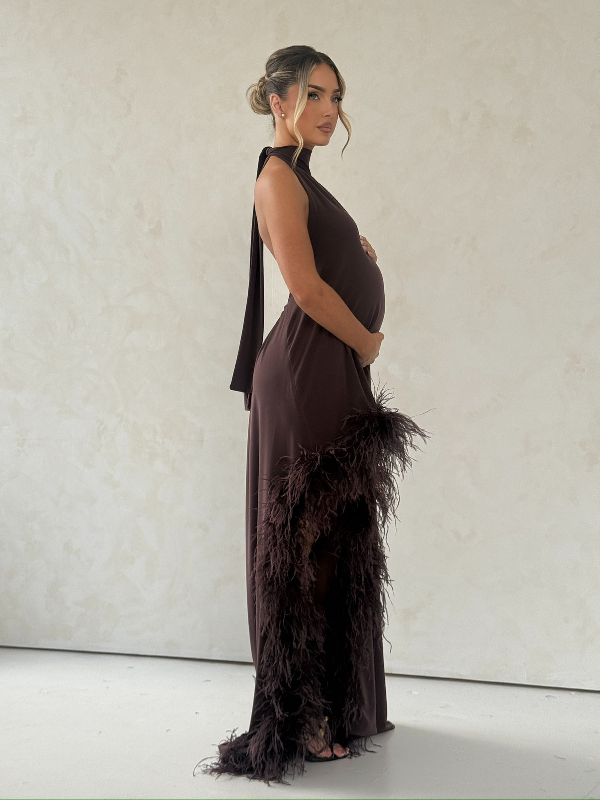 Aria Halter Neck Maternity Ostrich Feather Dress Chocolate