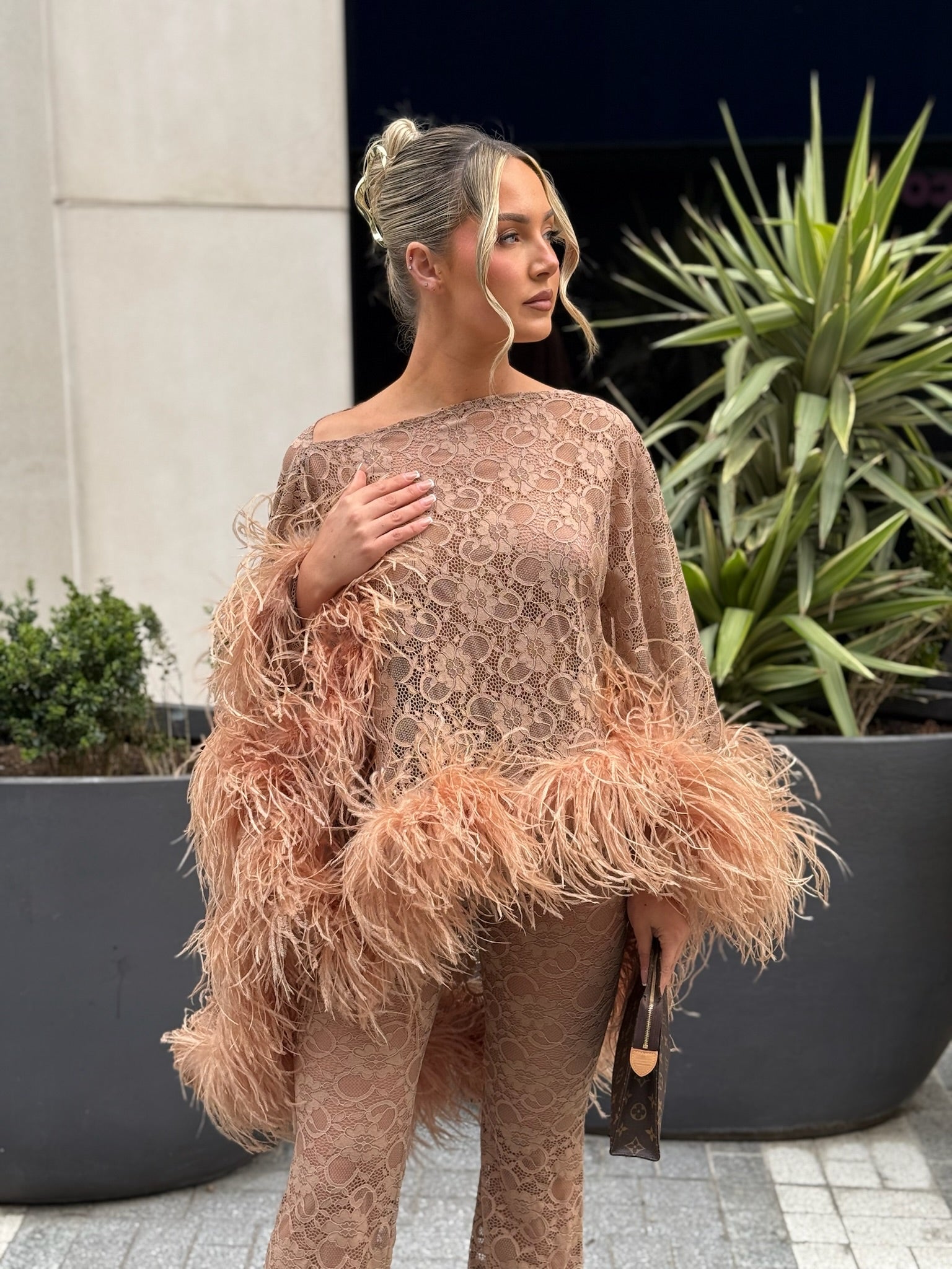 Kylie Cape Trouser Set Beige Lace