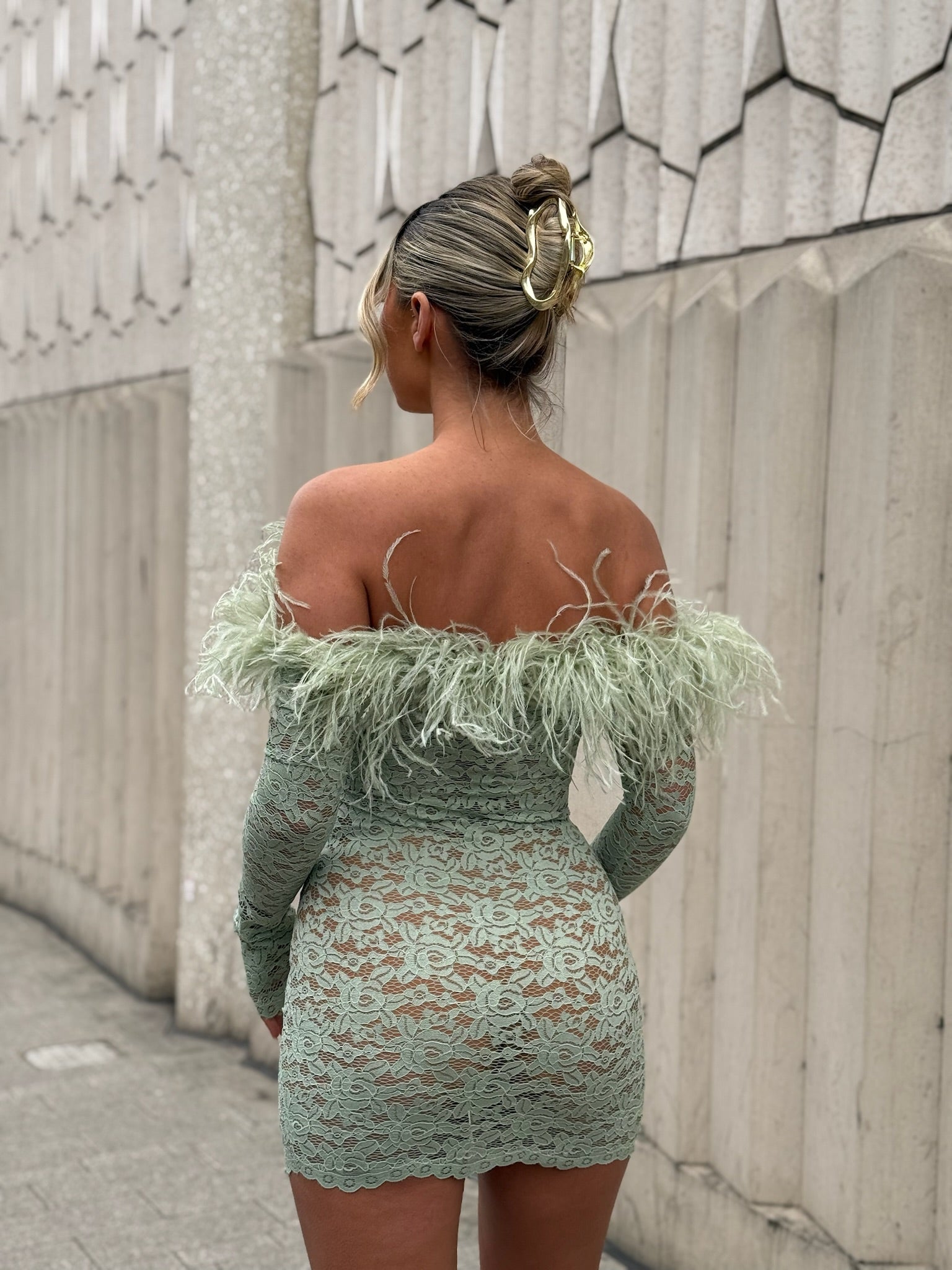 Carrie Ostrich Mini Dress Matcha Lace