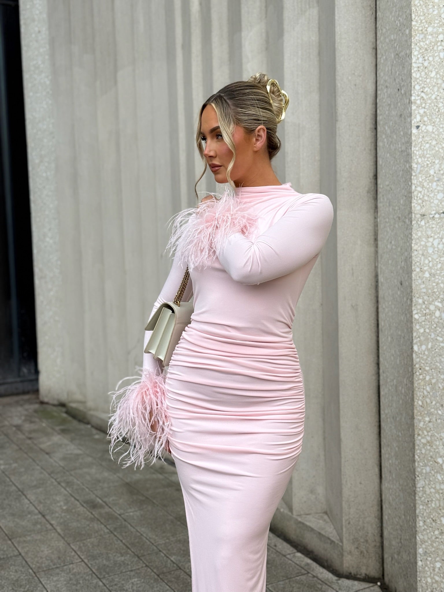 Kourtney Midi Ostrich Feather Dress Baby Pink Kourtney Midi Ostrich Feather Dress Baby Pink